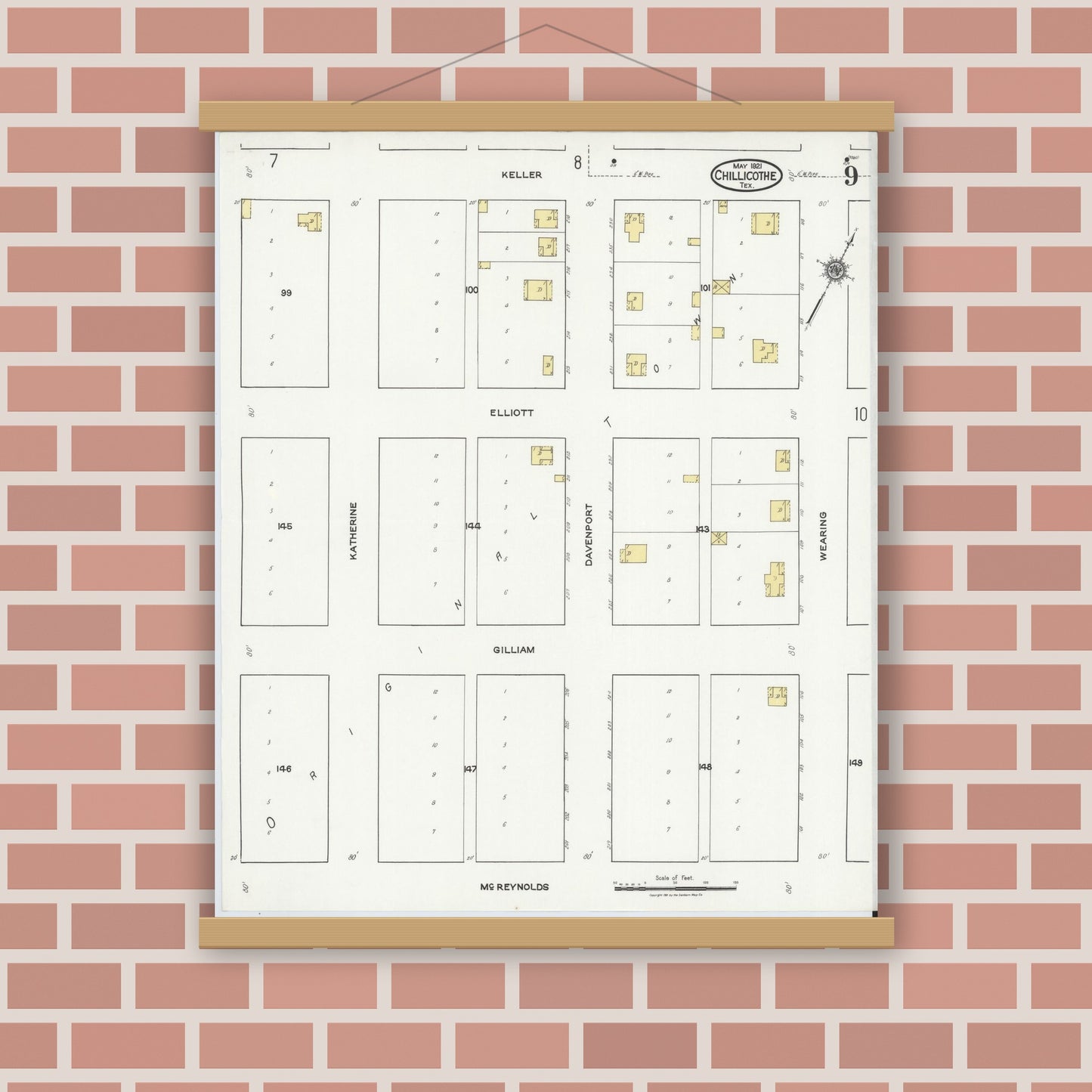 Old map wall art mockup — magnetic wood frame on brick wall — Sanborn Fire Insurance Map from Chillicothe, Hardeman County, Texas (1921), Sheet #0009
