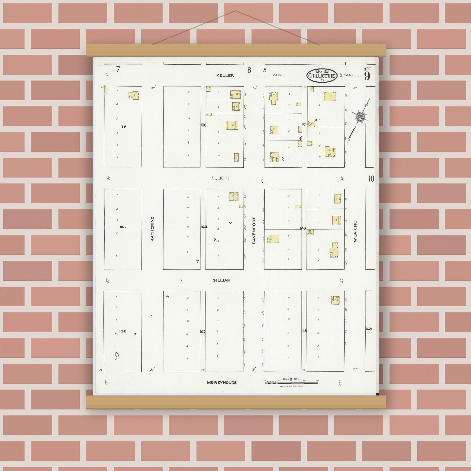 Old map wall art mockup — magnetic wood frame on brick wall — Sanborn Fire Insurance Map from Chillicothe, Hardeman County, Texas (1921), Sheet #0009