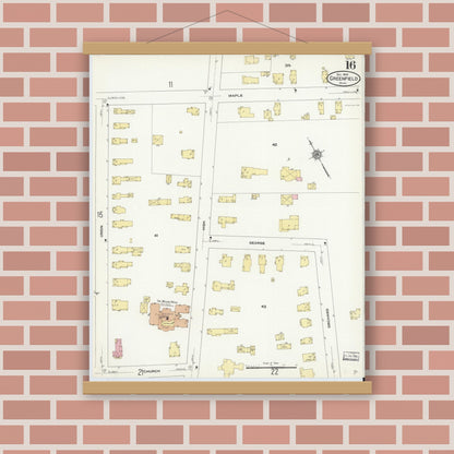 Old map wall art mockup — magnetic wood frame on brick wall — Sanborn Fire Insurance Map from Greenfield, Franklin County, Massachusetts (1909), Sheet #0016