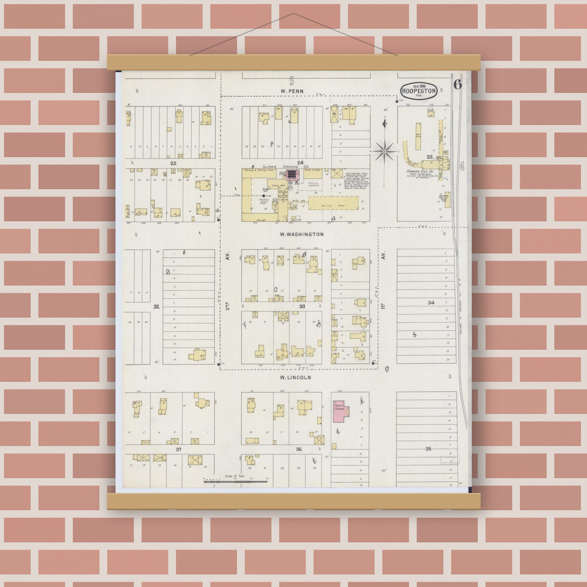 Old map wall art mockup — magnetic wood frame on brick wall — Sanborn Fire Insurance Map from Hoopeston, Vermilion County, Illinois (1895), Sheet #0006
