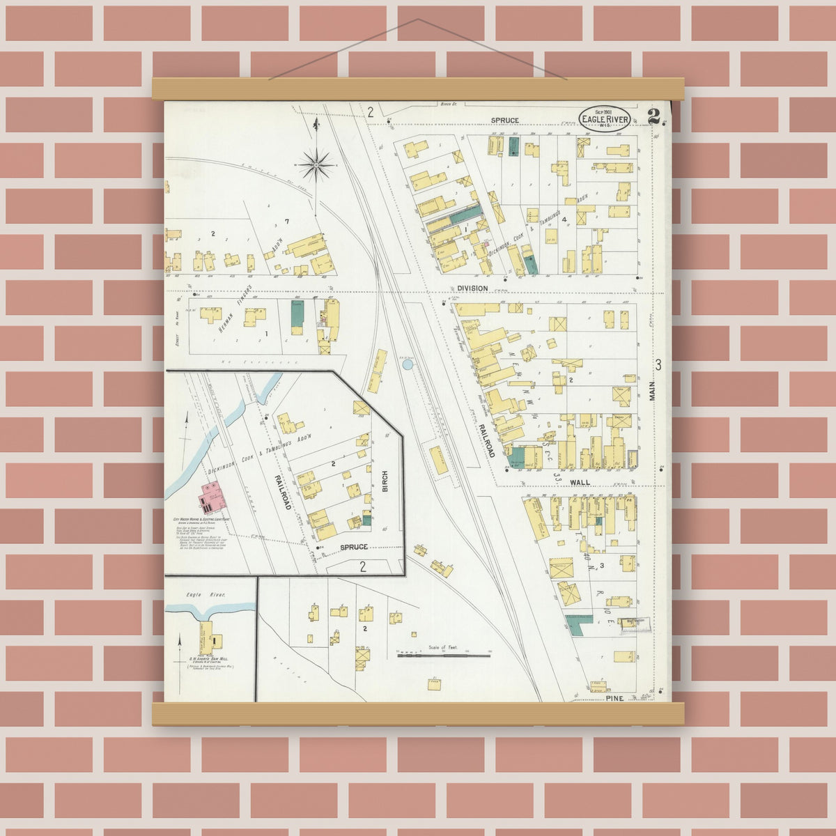 Old map wall art mockup — magnetic wood frame on brick wall — Sanborn Fire Insurance Map from Eagle River, Vilas County, Wisconsin (1901), Sheet #0002