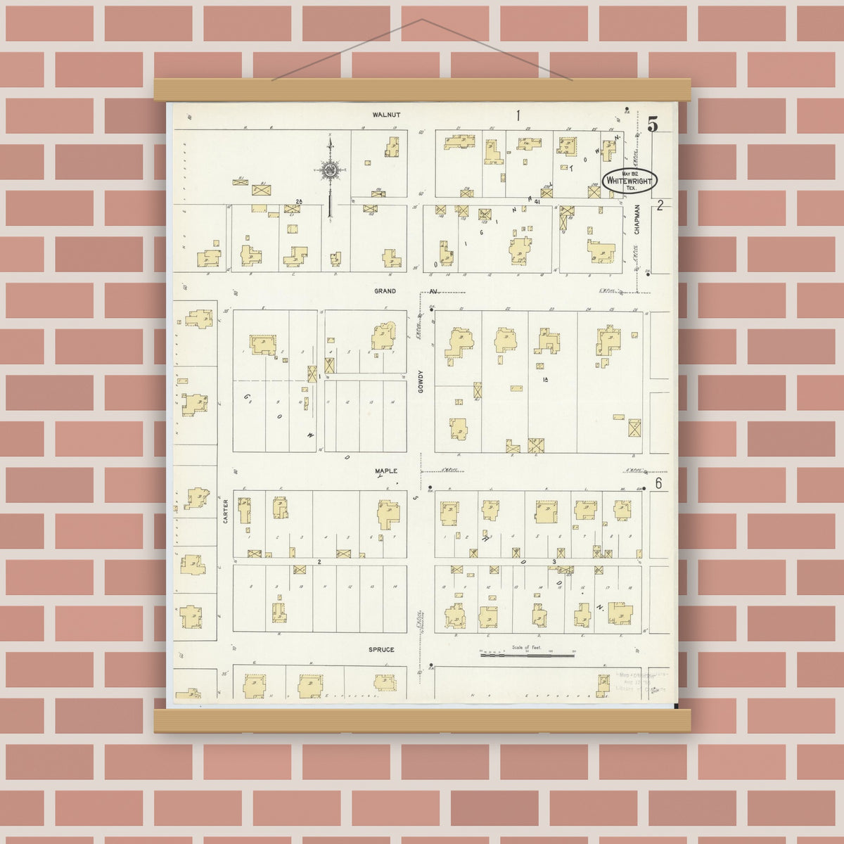 Old map wall art mockup — magnetic wood frame on brick wall — Sanborn Fire Insurance Map from Whitewright, Grayson County, Texas (1912), Sheet #0005