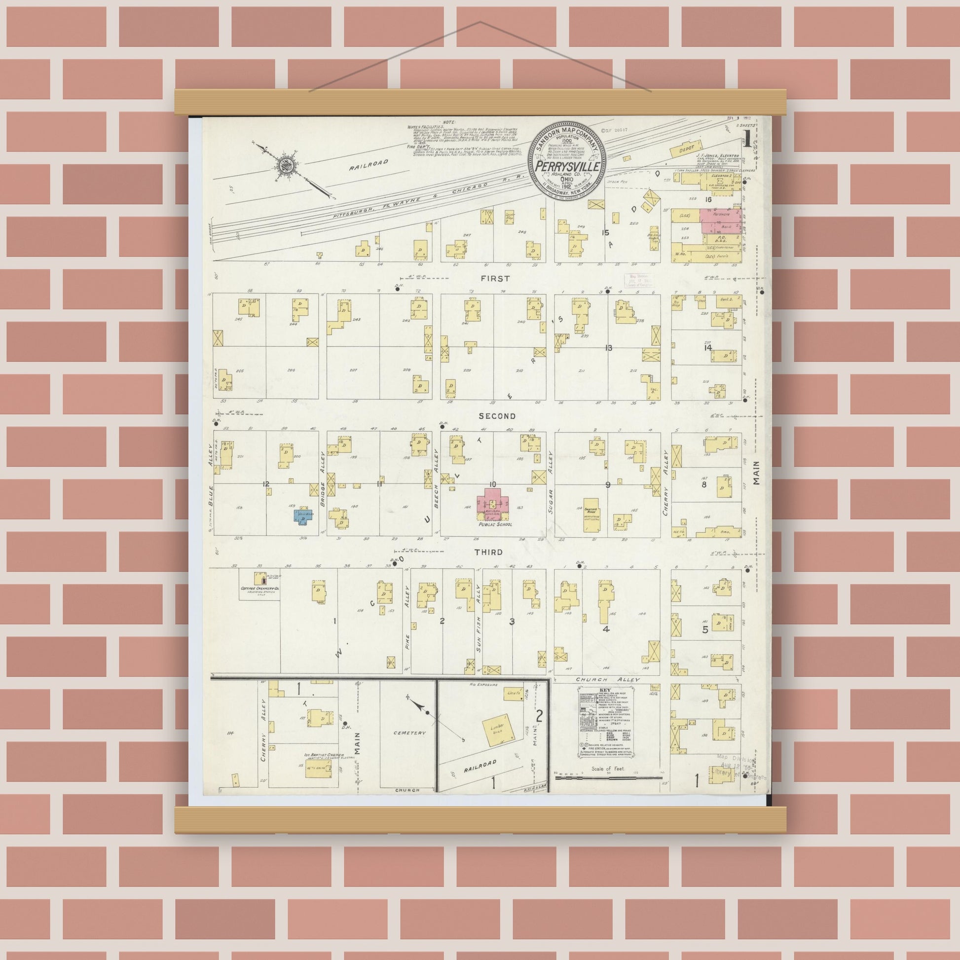 Old map wall art mockup — magnetic wood frame on brick wall — Sanborn Fire Insurance Map from Perrysville, Ashland County, Ohio (1912), Sheet #0001