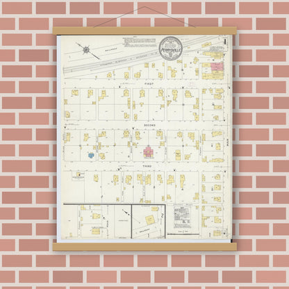 Old map wall art mockup — magnetic wood frame on brick wall — Sanborn Fire Insurance Map from Perrysville, Ashland County, Ohio (1912), Sheet #0001