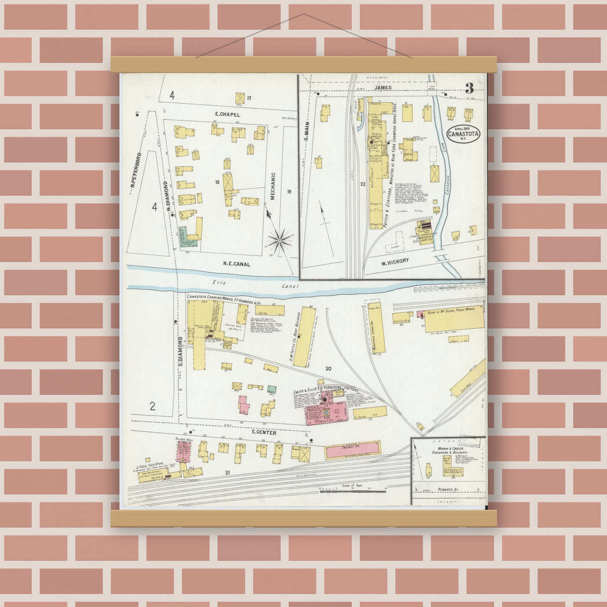 Old map wall art mockup — magnetic wood frame on brick wall — Sanborn Fire Insurance Map from Canastota, Madison County, New York (1900), Sheet #0003
