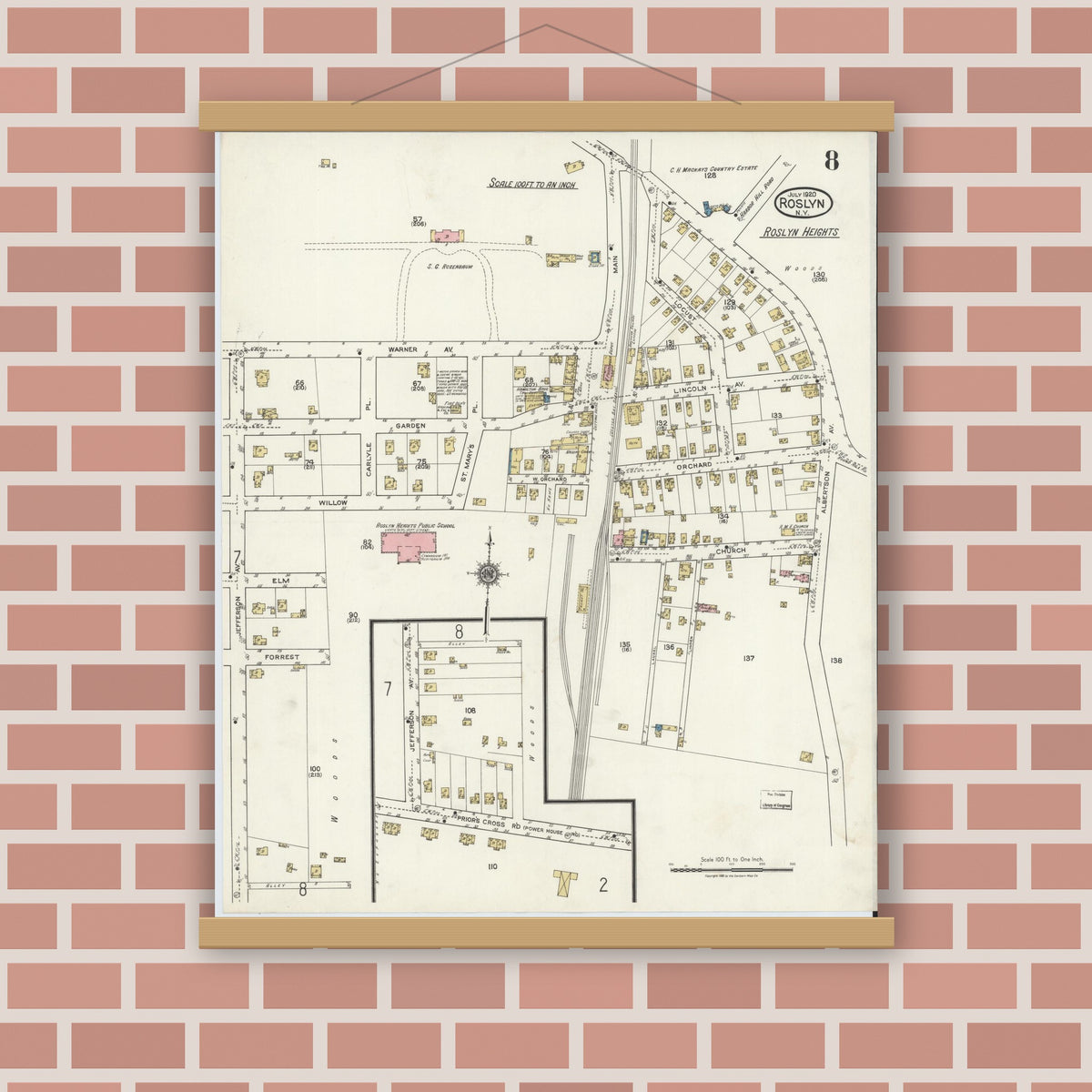 Old map wall art mockup — magnetic wood frame on brick wall — Sanborn Fire Insurance Map from Roslyn, Nassau County, New York (1920), Sheet #0008