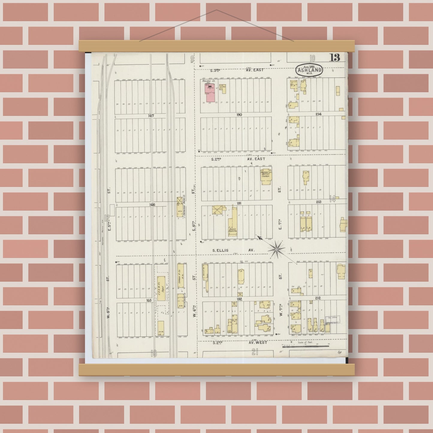 Old map wall art mockup — magnetic wood frame on brick wall — Sanborn Fire Insurance Map from Ashland, Ashland County, Wisconsin (1895), Sheet #0013
