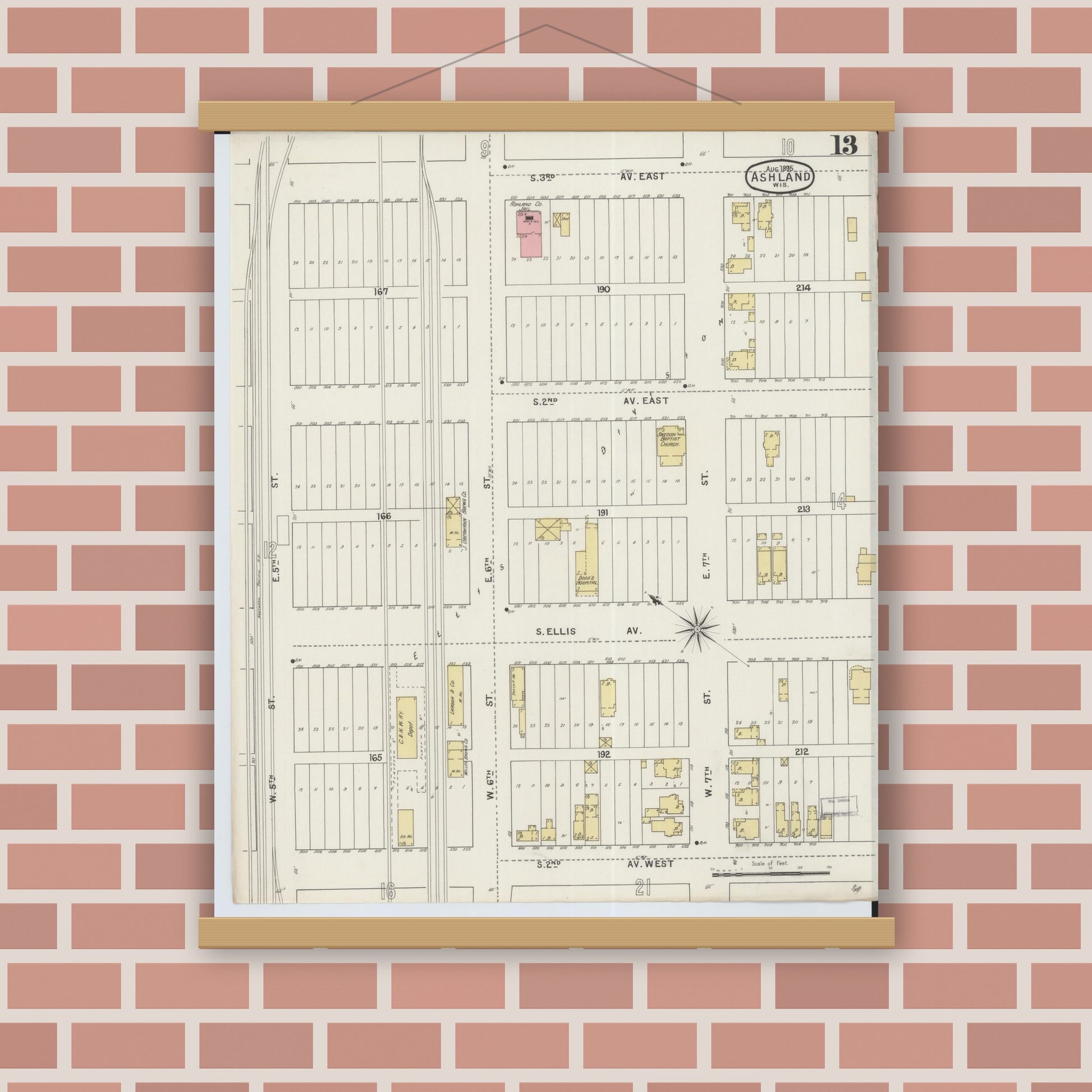 Old map wall art mockup — magnetic wood frame on brick wall — Sanborn Fire Insurance Map from Ashland, Ashland County, Wisconsin (1895), Sheet #0013