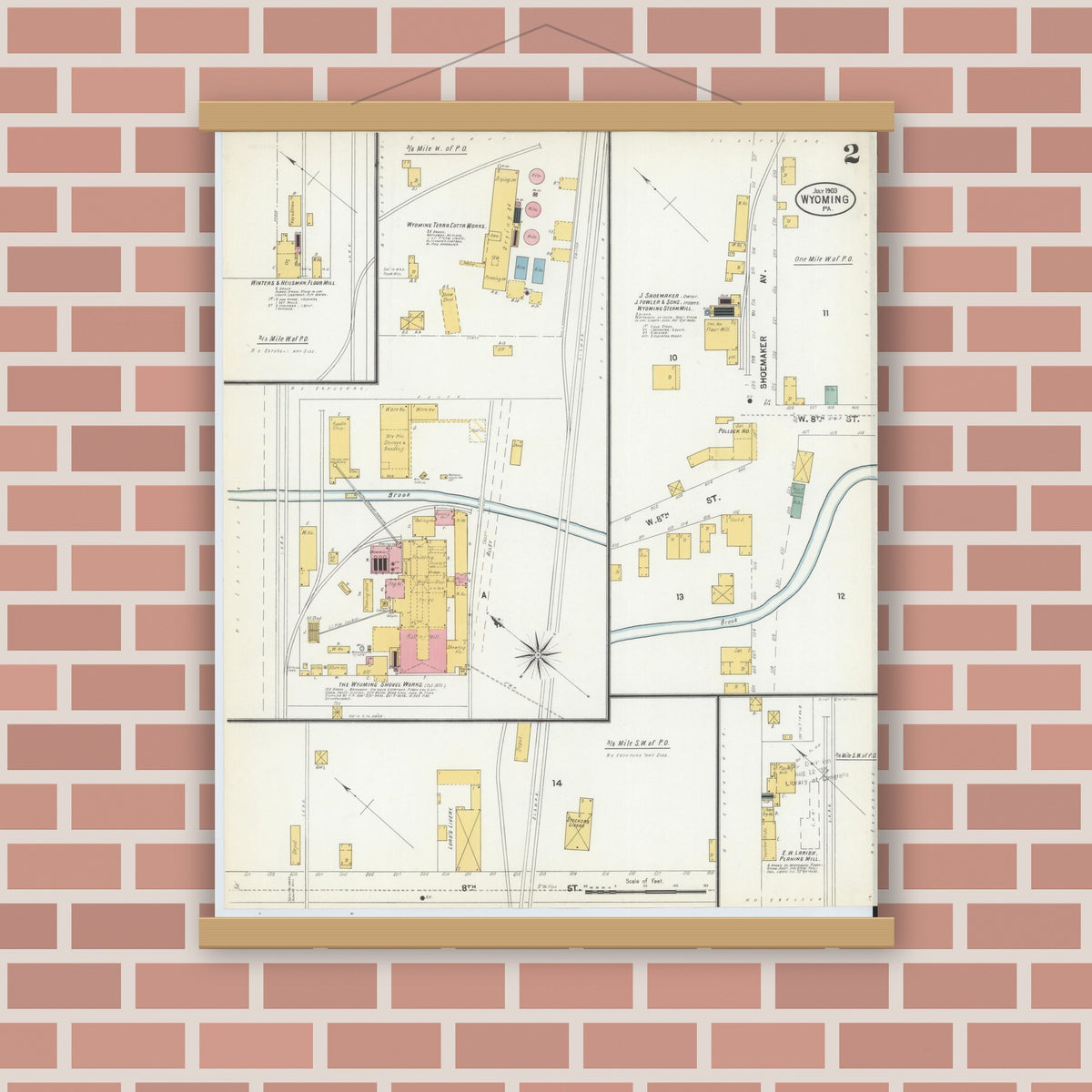 Old map wall art mockup — magnetic wood frame on brick wall — Sanborn Fire Insurance Map from Wyoming, Luzerne County, Pennsylvania (1903), Sheet #0002