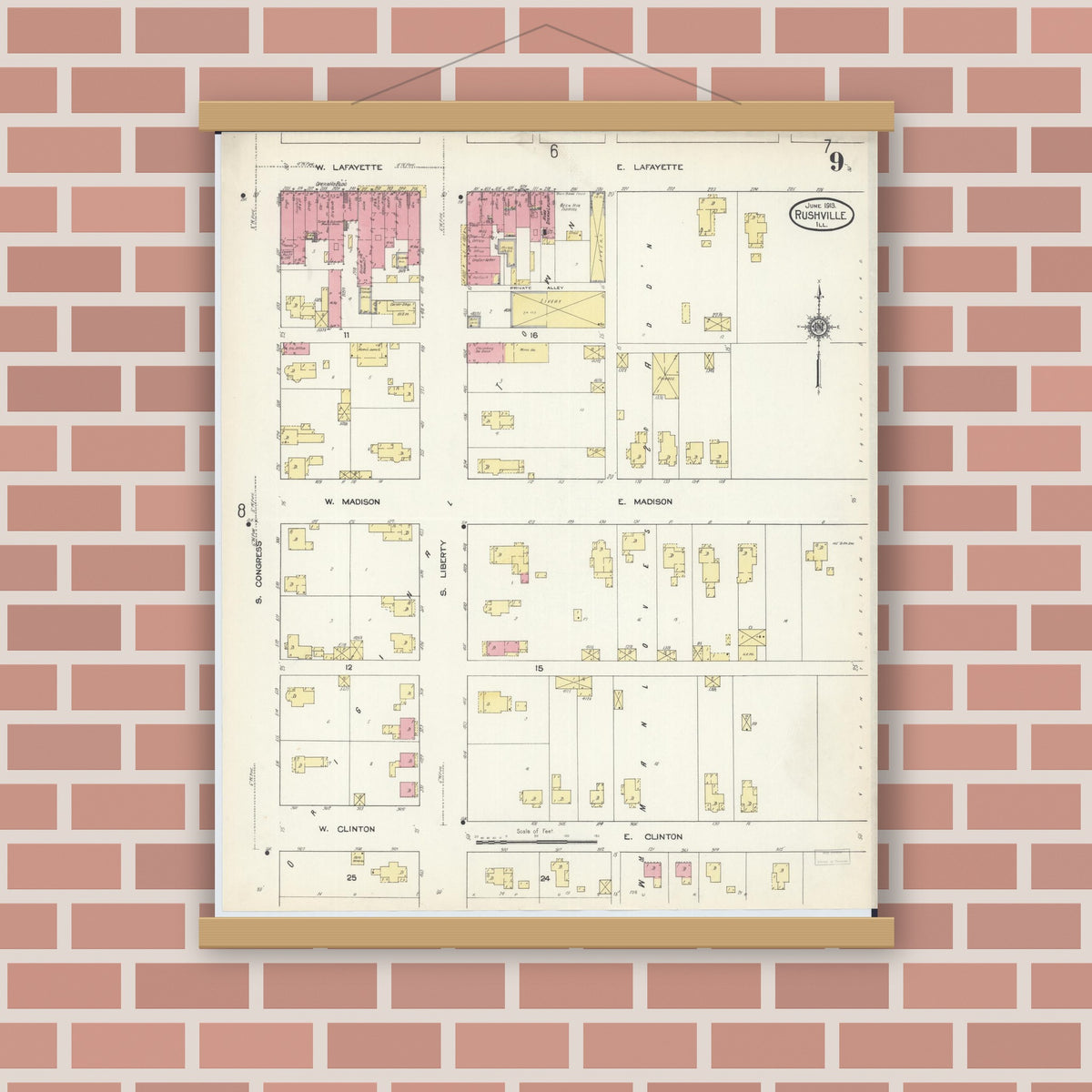 Old map wall art mockup — magnetic wood frame on brick wall — Sanborn Fire Insurance Map from Rushville, Schuyler County, Illinois (1913), Sheet #0009