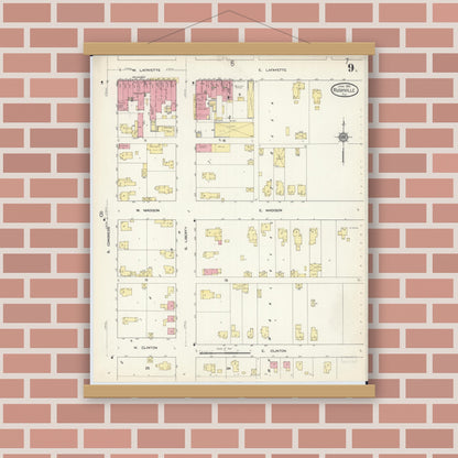 Old map wall art mockup — magnetic wood frame on brick wall — Sanborn Fire Insurance Map from Rushville, Schuyler County, Illinois (1913), Sheet #0009