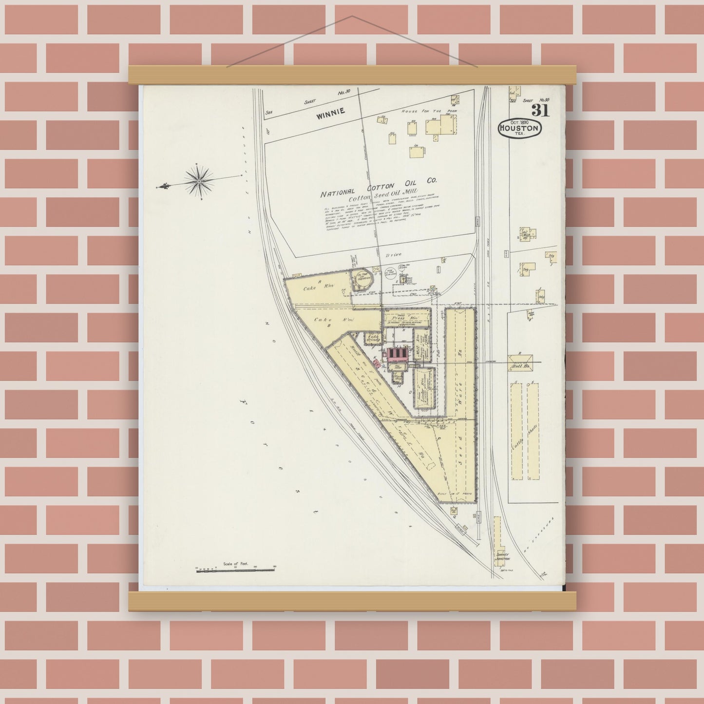 Old map wall art mockup — magnetic wood frame on brick wall — Sanborn Fire Insurance Map from Houston, Harris County, Texas (1890), Sheet #0031