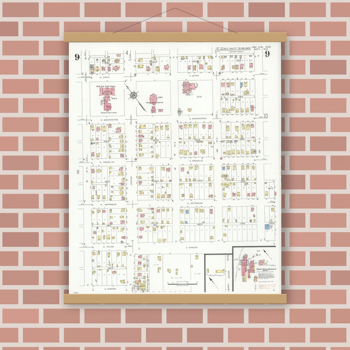 Old map wall art mockup — magnetic wood frame on brick wall — Sanborn Fire Insurance Map from New Ulm, Brown County, Minnesota (1935), Sheet #0009