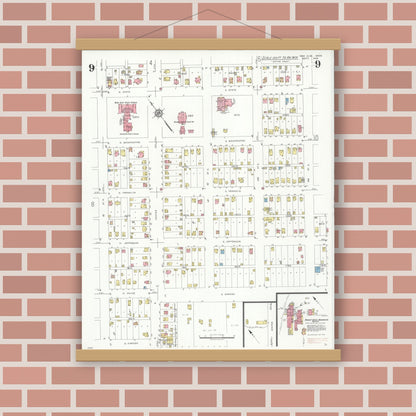 Old map wall art mockup — magnetic wood frame on brick wall — Sanborn Fire Insurance Map from New Ulm, Brown County, Minnesota (1935), Sheet #0009