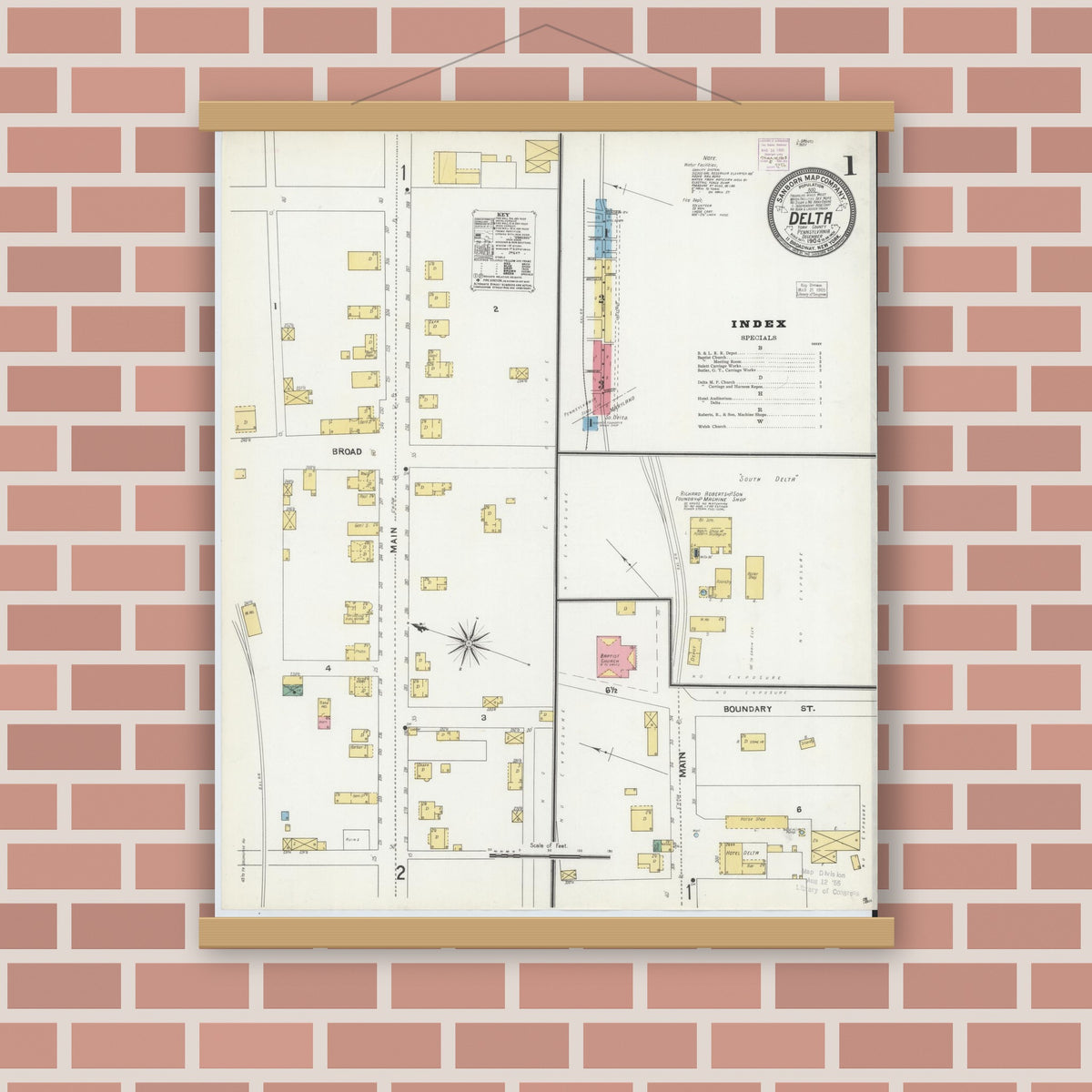 Old map wall art mockup — magnetic wood frame on brick wall — Sanborn Fire Insurance Map from Delta, York County, Pennsylvania (1904) - Complete Map Set