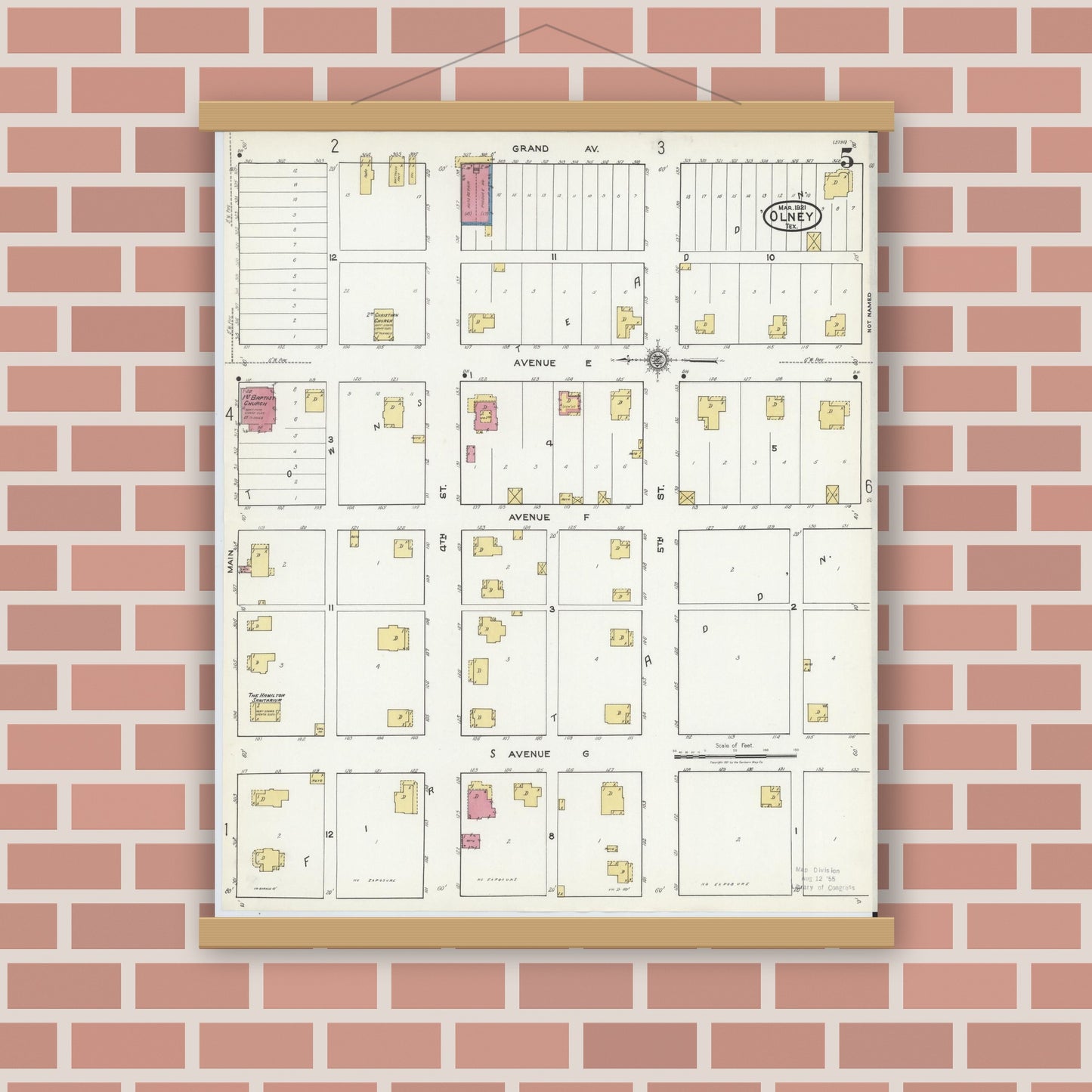 Old map wall art mockup — magnetic wood frame on brick wall — Sanborn Fire Insurance Map from Olney, Young County, Texas (1921), Sheet #0005