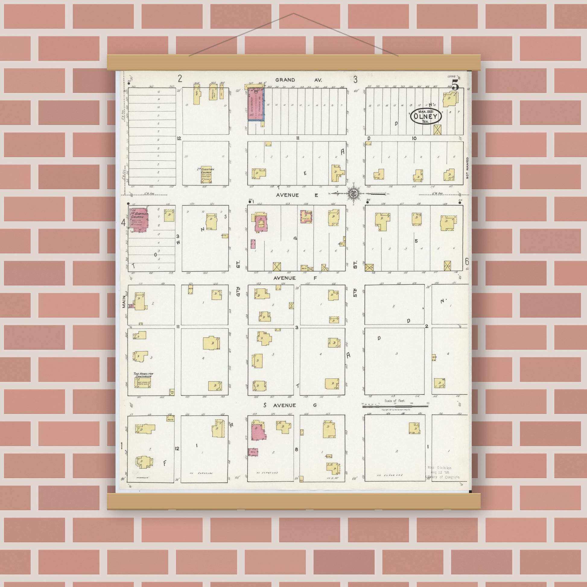 Old map wall art mockup — magnetic wood frame on brick wall — Sanborn Fire Insurance Map from Olney, Young County, Texas (1921), Sheet #0005