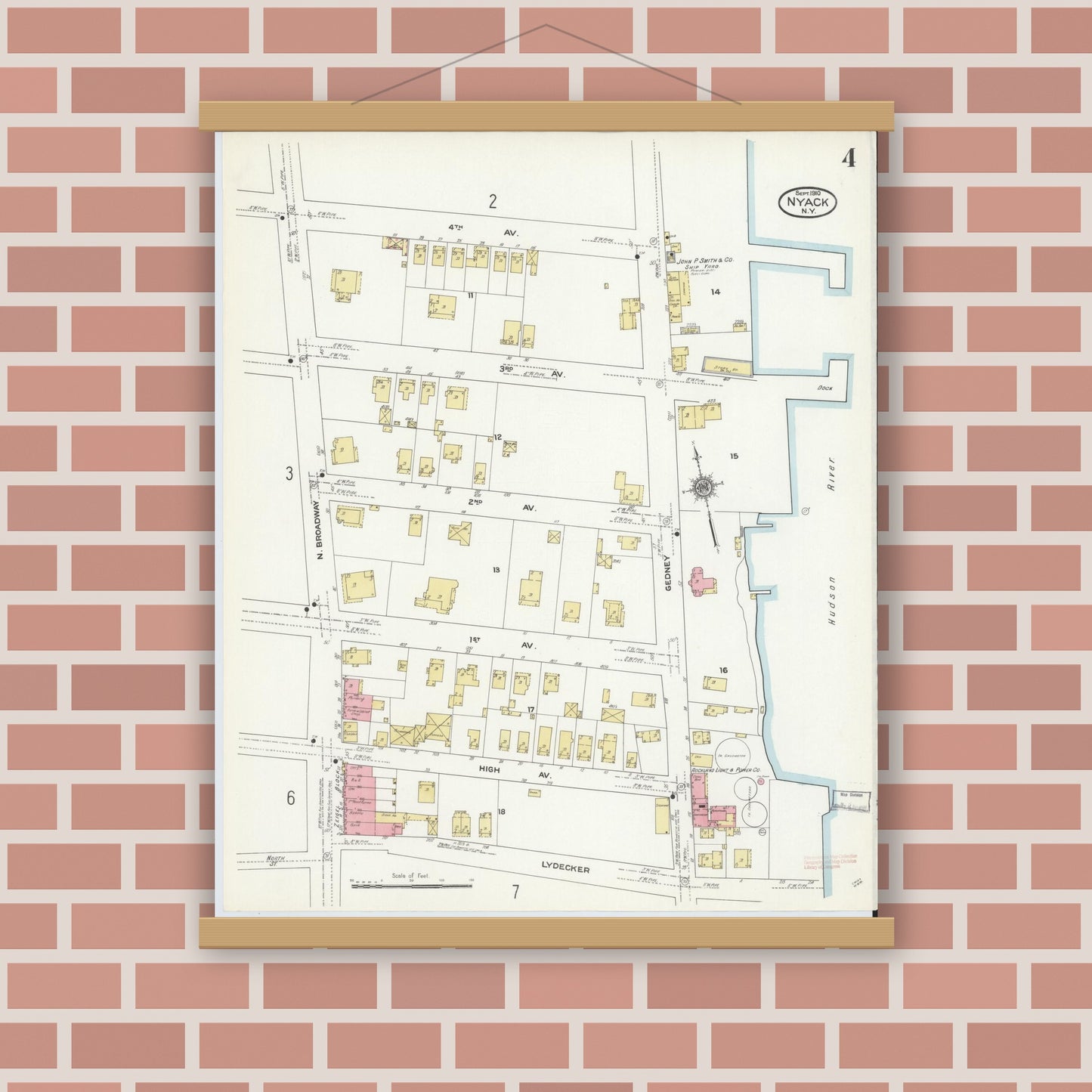 Old map wall art mockup — magnetic wood frame on brick wall — Sanborn Fire Insurance Map from Nyack, Rockland County, New York. (1910), Sheet #0004