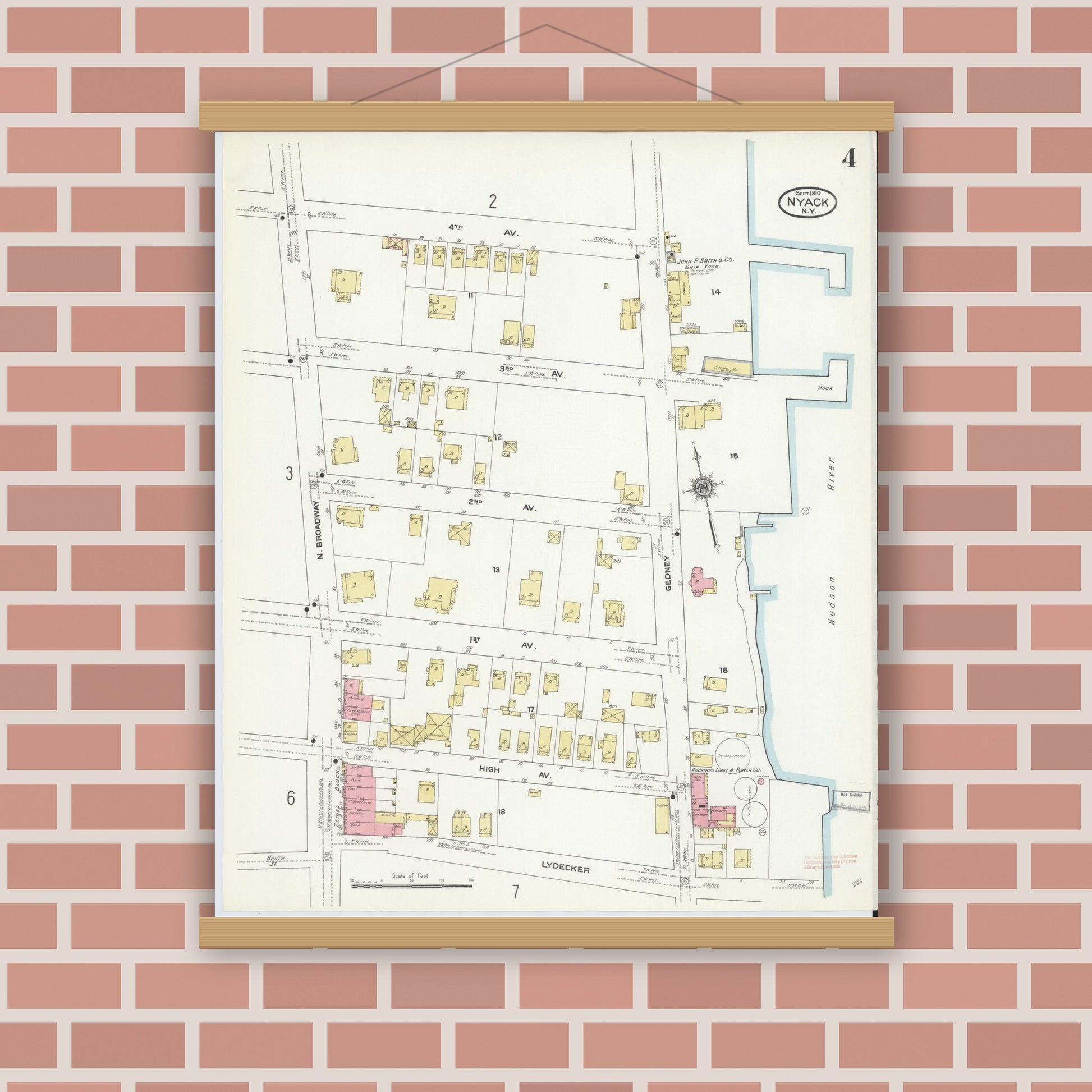 Old map wall art mockup — magnetic wood frame on brick wall — Sanborn Fire Insurance Map from Nyack, Rockland County, New York. (1910), Sheet #0004