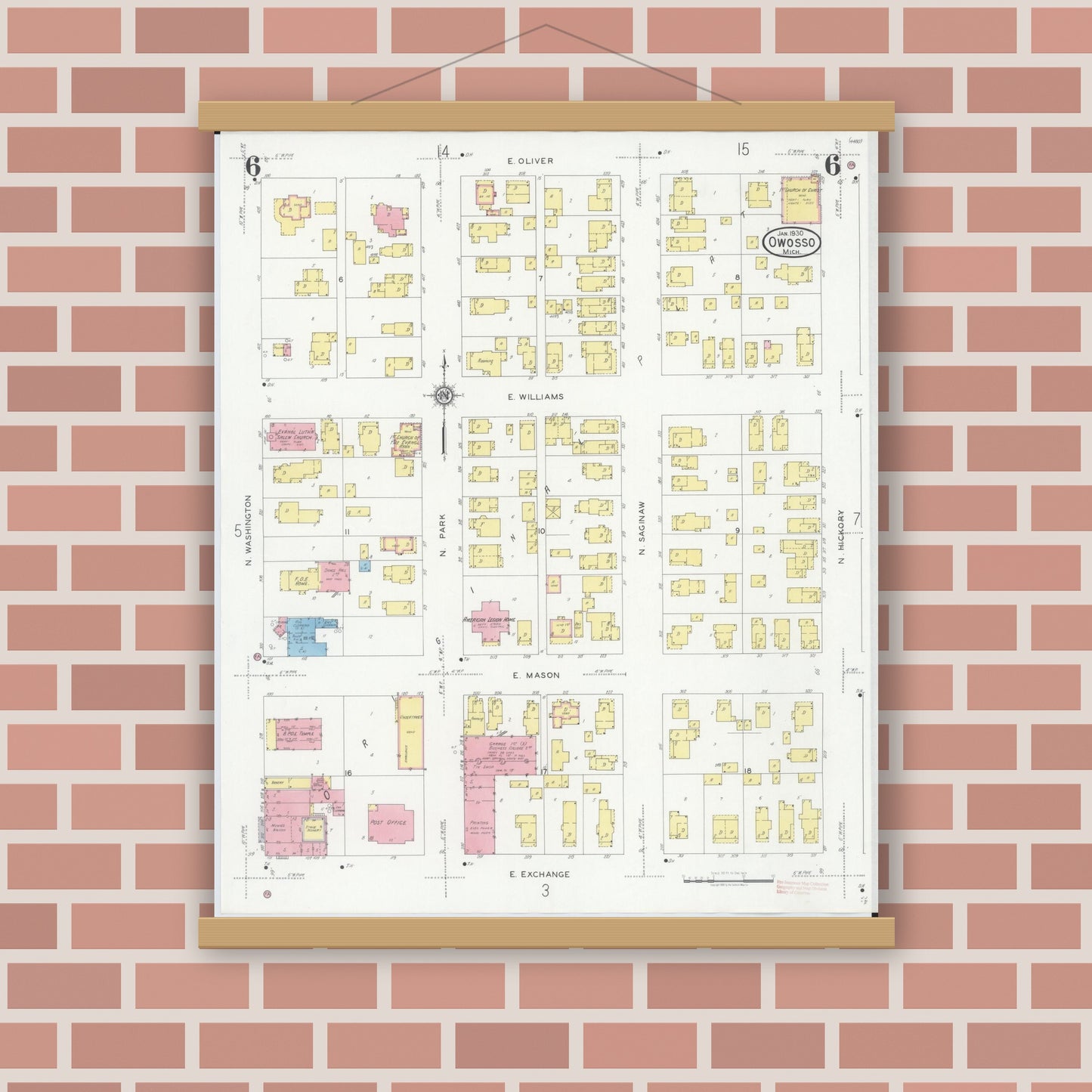 Old map wall art mockup — magnetic wood frame on brick wall — Sanborn Fire Insurance Map from Owosso, Shiawassee County, Michigan (1930), Sheet #0006