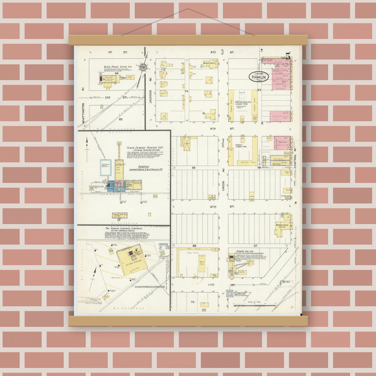 Old map wall art mockup — magnetic wood frame on brick wall — Sanborn Fire Insurance Map from Hamlin, Jones County, Texas (1913), Sheet #0005