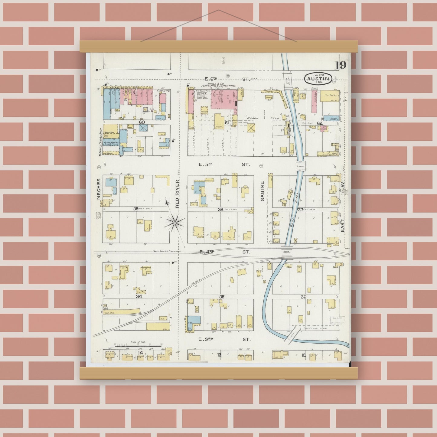Old map wall art mockup — magnetic wood frame on brick wall — Sanborn Fire Insurance Map from Austin, Travis County, Texas (1894), Sheet #0019
