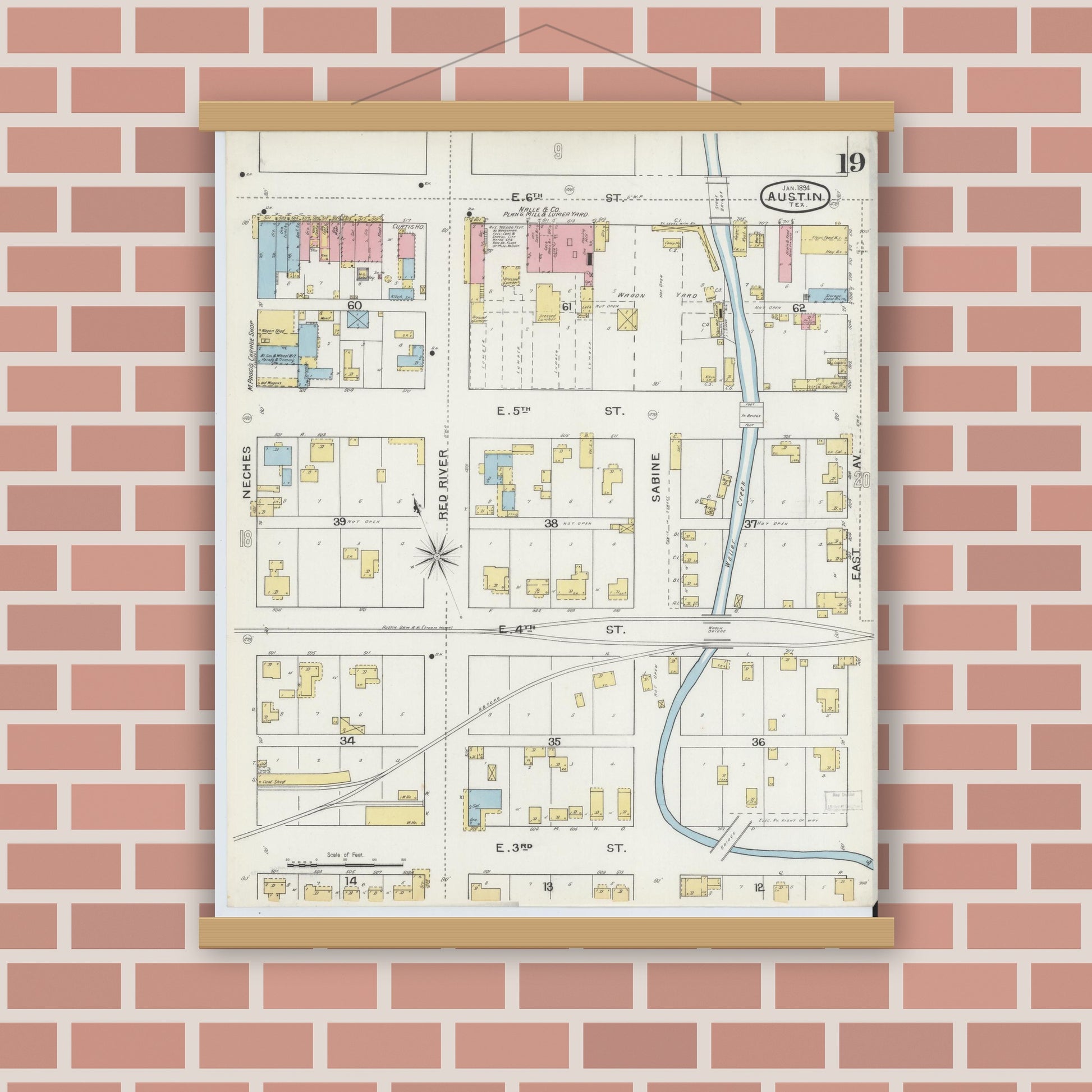 Old map wall art mockup — magnetic wood frame on brick wall — Sanborn Fire Insurance Map from Austin, Travis County, Texas (1894), Sheet #0019