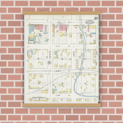Old map wall art mockup — magnetic wood frame on brick wall — Sanborn Fire Insurance Map from Austin, Travis County, Texas (1894), Sheet #0019