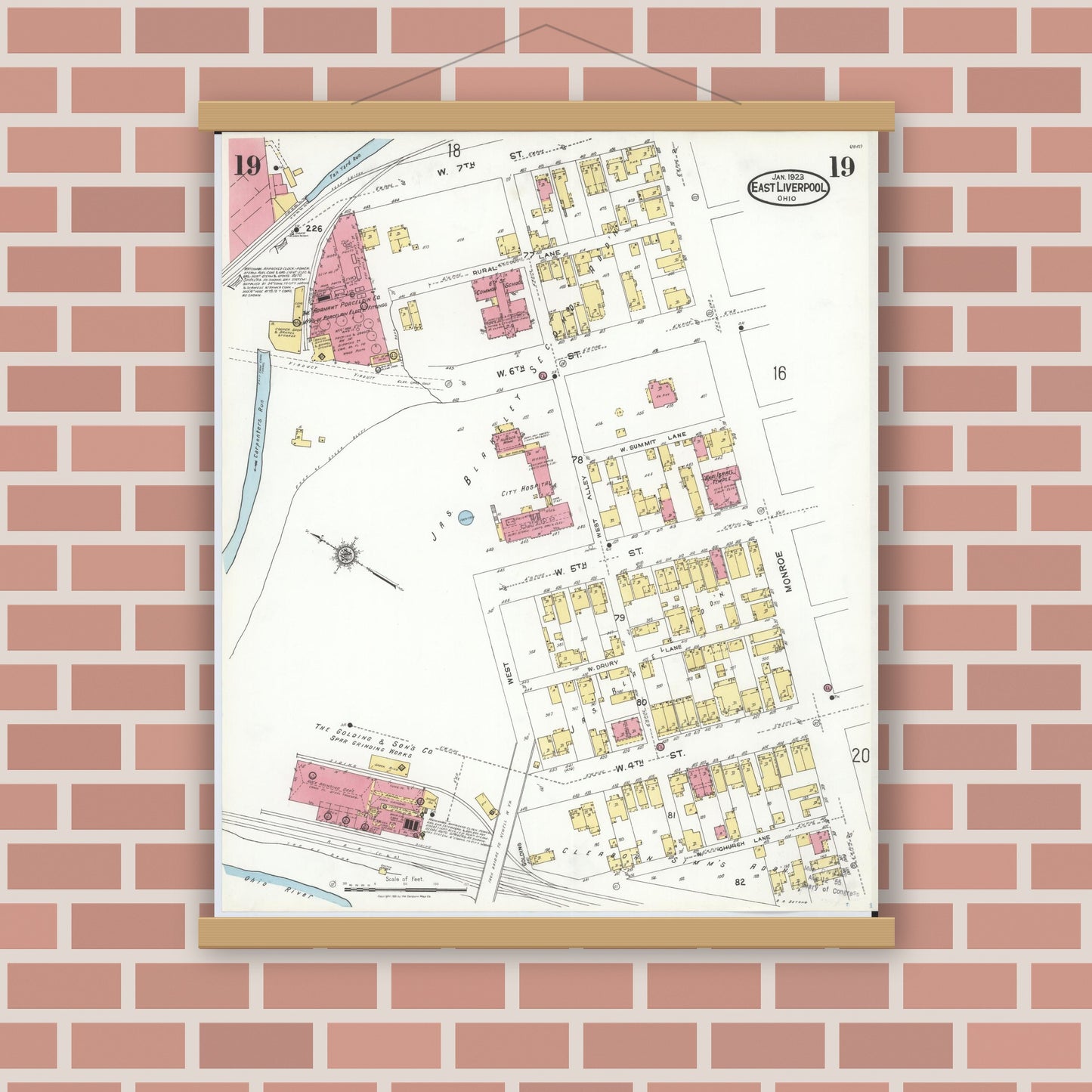 Old map wall art mockup — magnetic wood frame on brick wall — Sanborn Fire Insurance Map from East Liverpool, Columbiana County, Ohio (1923), Sheet #0019