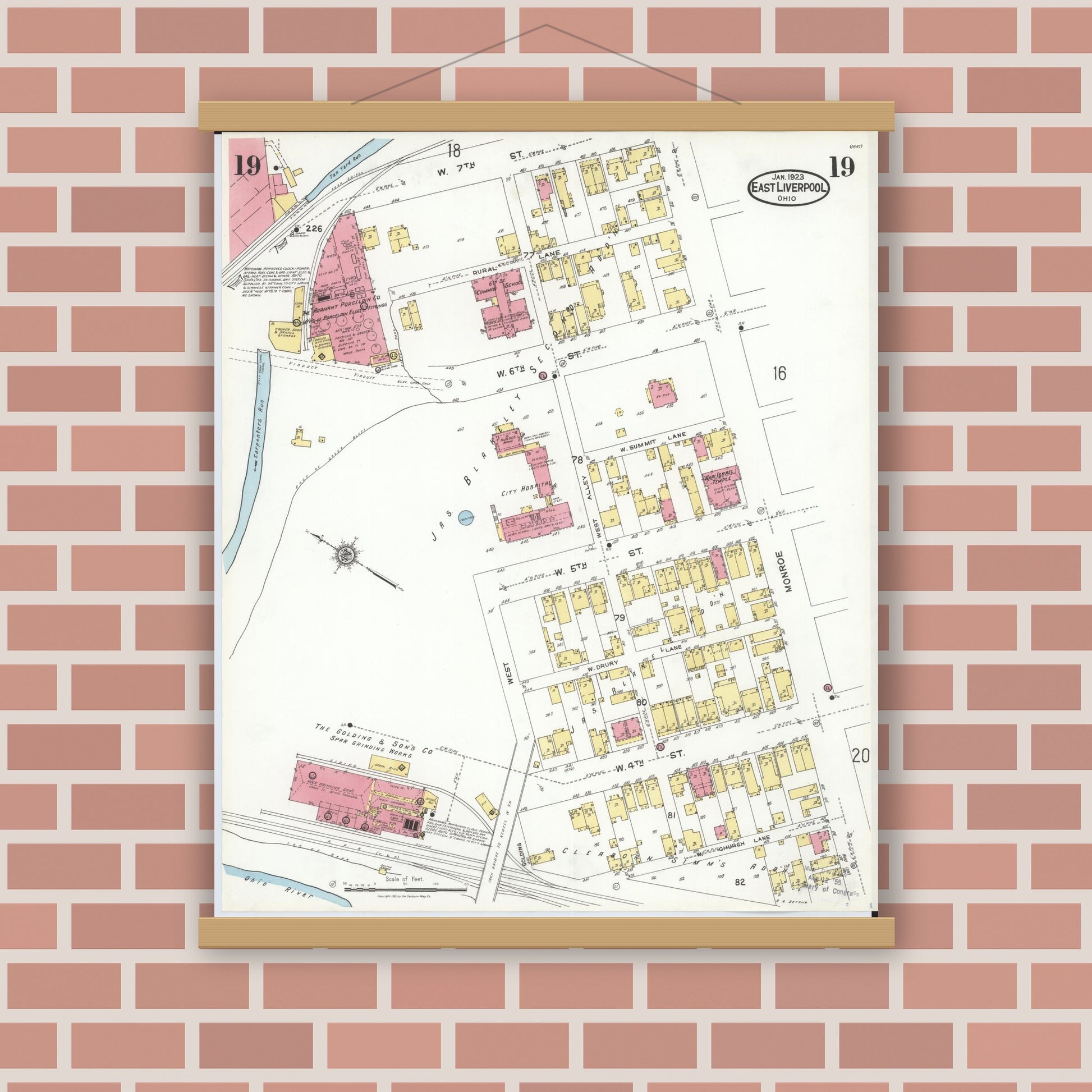 Old map wall art mockup — magnetic wood frame on brick wall — Sanborn Fire Insurance Map from East Liverpool, Columbiana County, Ohio (1923), Sheet #0019