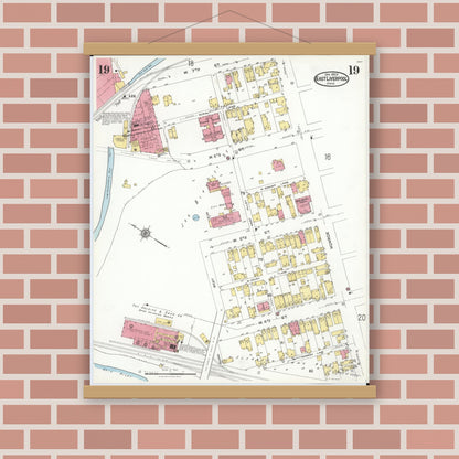 Old map wall art mockup — magnetic wood frame on brick wall — Sanborn Fire Insurance Map from East Liverpool, Columbiana County, Ohio (1923), Sheet #0019
