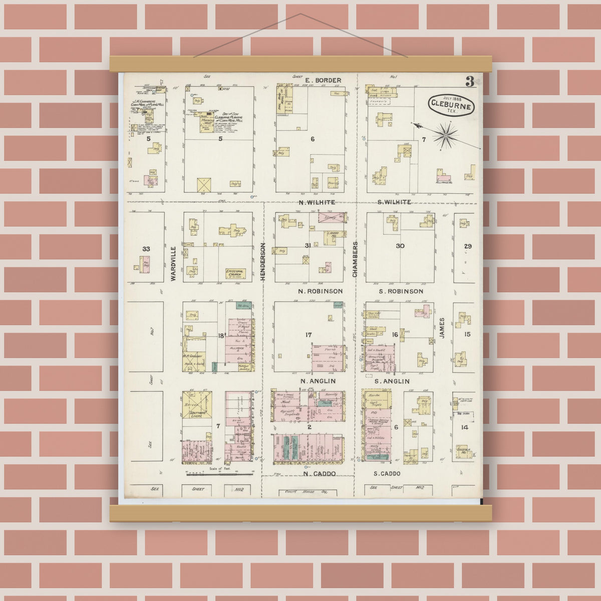Old map wall art mockup — magnetic wood frame on brick wall — Sanborn Fire Insurance Map from Cleburne, Johnson County, Texas (1888), Sheet #0003
