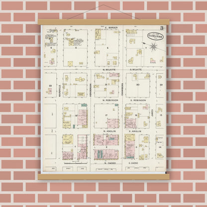 Old map wall art mockup — magnetic wood frame on brick wall — Sanborn Fire Insurance Map from Cleburne, Johnson County, Texas (1888), Sheet #0003