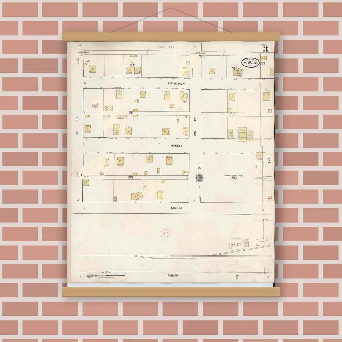 Old map wall art mockup — magnetic wood frame on brick wall — Sanborn Fire Insurance Map from Mabank, Kaufman County, Texas (1934), Sheet #0003
