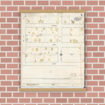 Old map wall art mockup — magnetic wood frame on brick wall — Sanborn Fire Insurance Map from Mabank, Kaufman County, Texas (1934), Sheet #0003