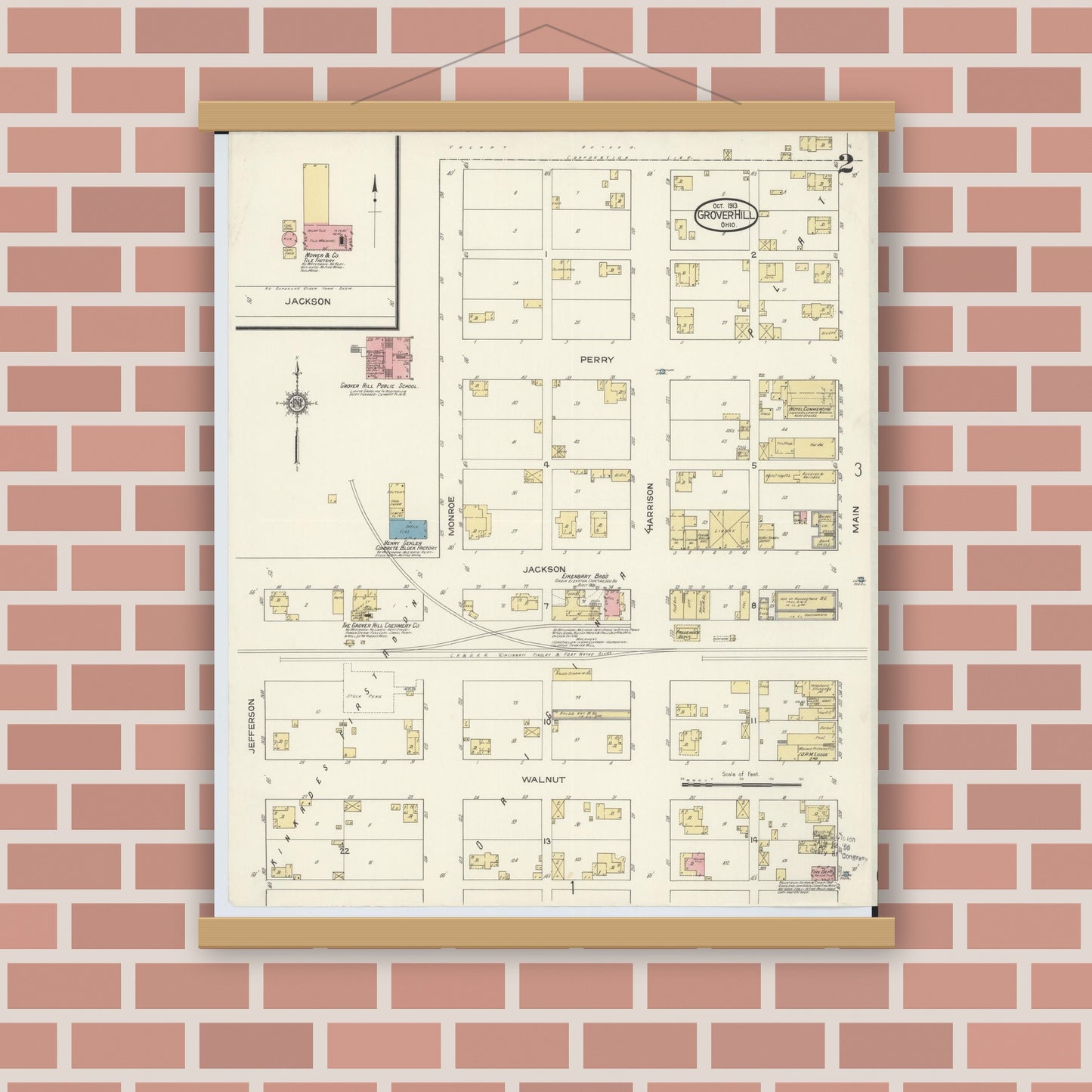 Old map wall art mockup — magnetic wood frame on brick wall — Sanborn Fire Insurance Map from Grover Hill, Paulding County, Ohio (1913), Sheet #0002