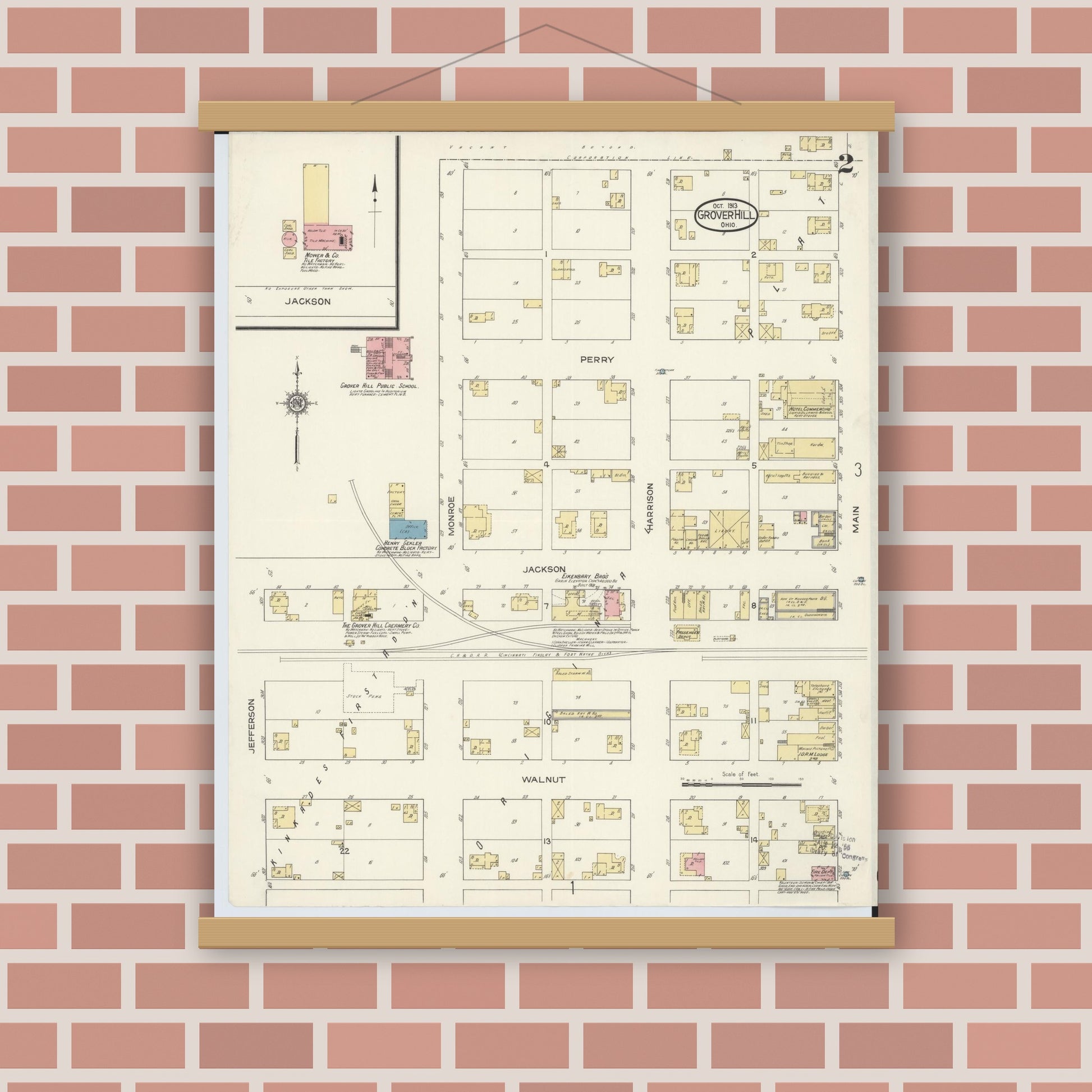 Old map wall art mockup — magnetic wood frame on brick wall — Sanborn Fire Insurance Map from Grover Hill, Paulding County, Ohio (1913), Sheet #0002