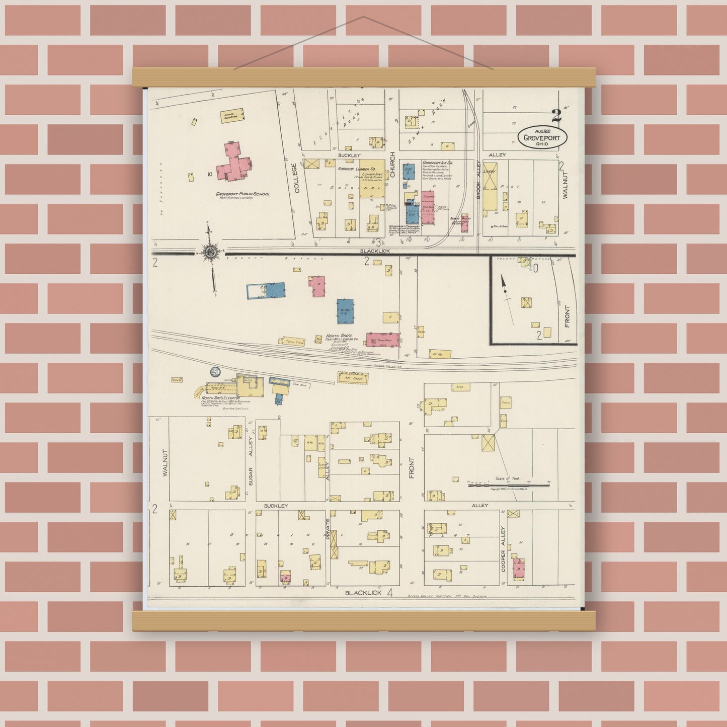 Old map wall art mockup — magnetic wood frame on brick wall — Sanborn Fire Insurance Map from Groveport, Franklin County, Ohio (1922), Sheet #0002