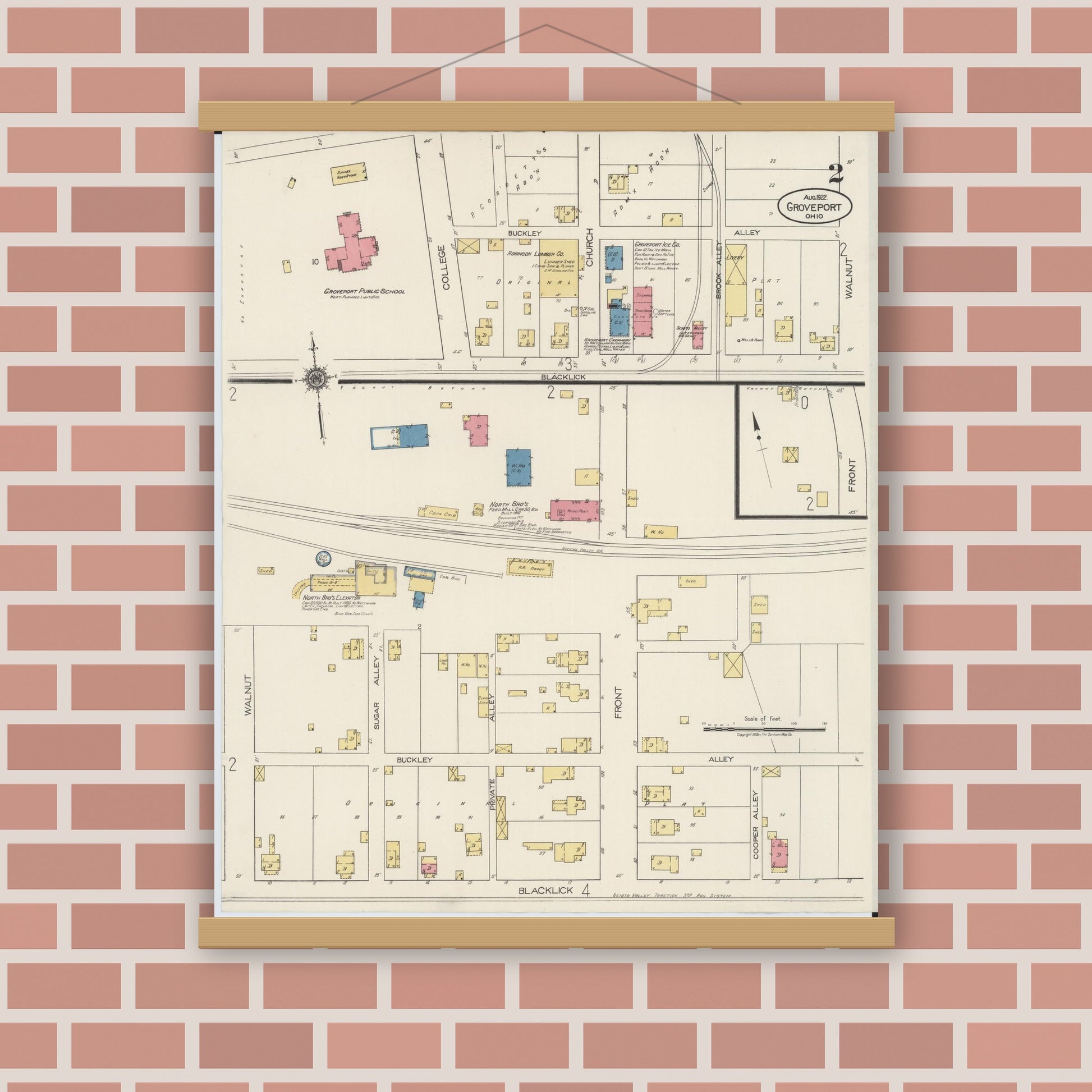 Old map wall art mockup — magnetic wood frame on brick wall — Sanborn Fire Insurance Map from Groveport, Franklin County, Ohio (1922), Sheet #0002