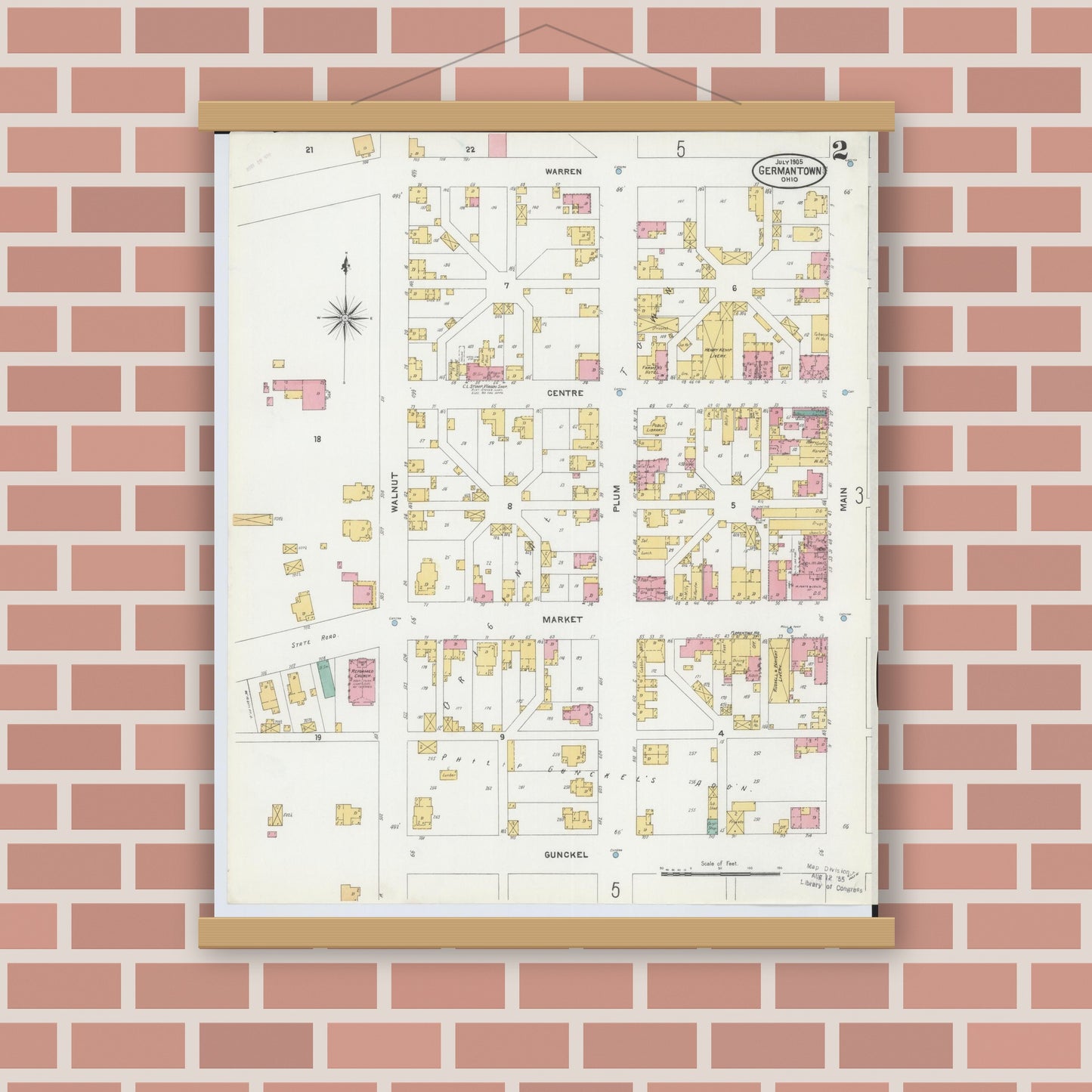 Old map wall art mockup — magnetic wood frame on brick wall — Sanborn Fire Insurance Map from Germantown, Montgomery County, Ohio (1905), Sheet #0002