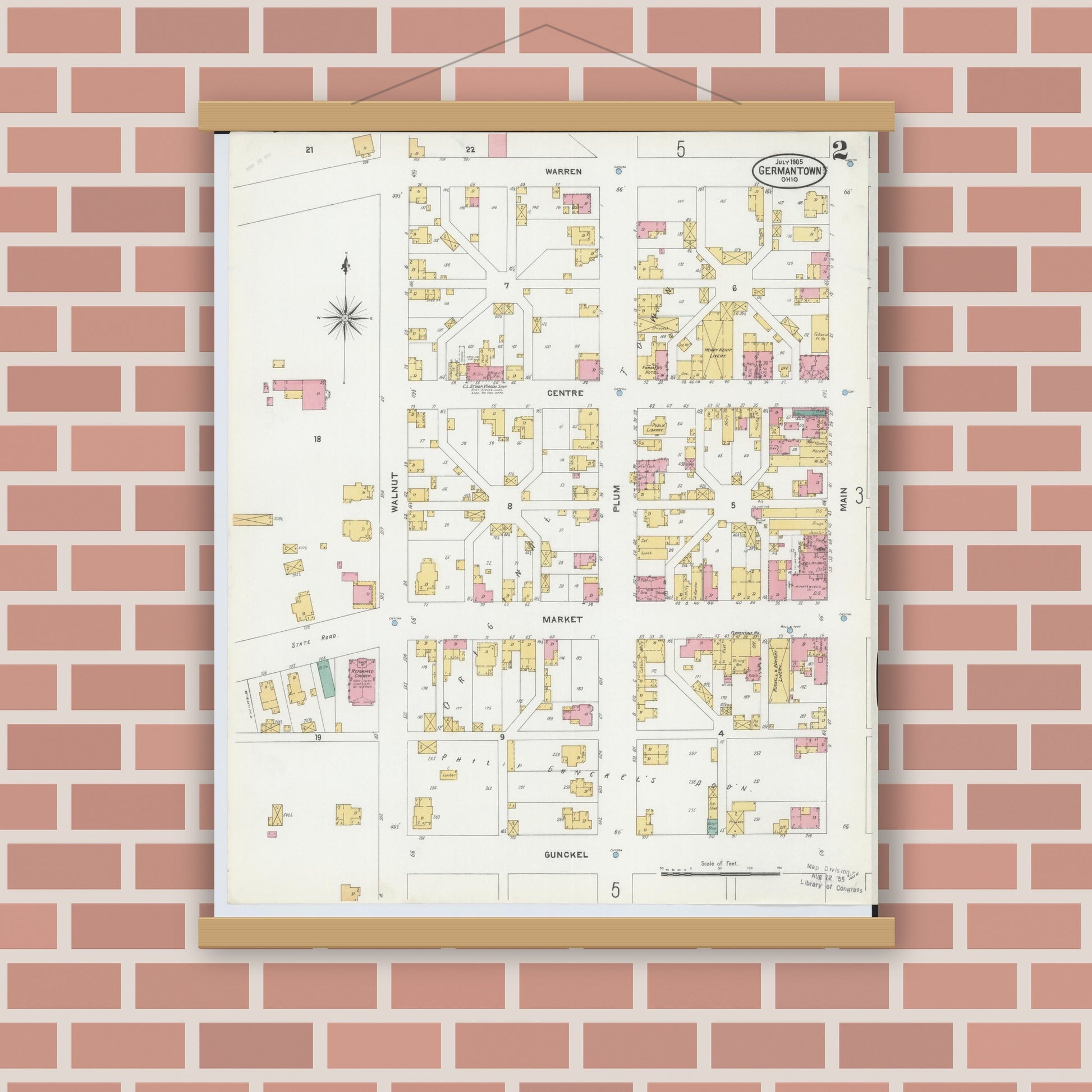 Old map wall art mockup — magnetic wood frame on brick wall — Sanborn Fire Insurance Map from Germantown, Montgomery County, Ohio (1905), Sheet #0002