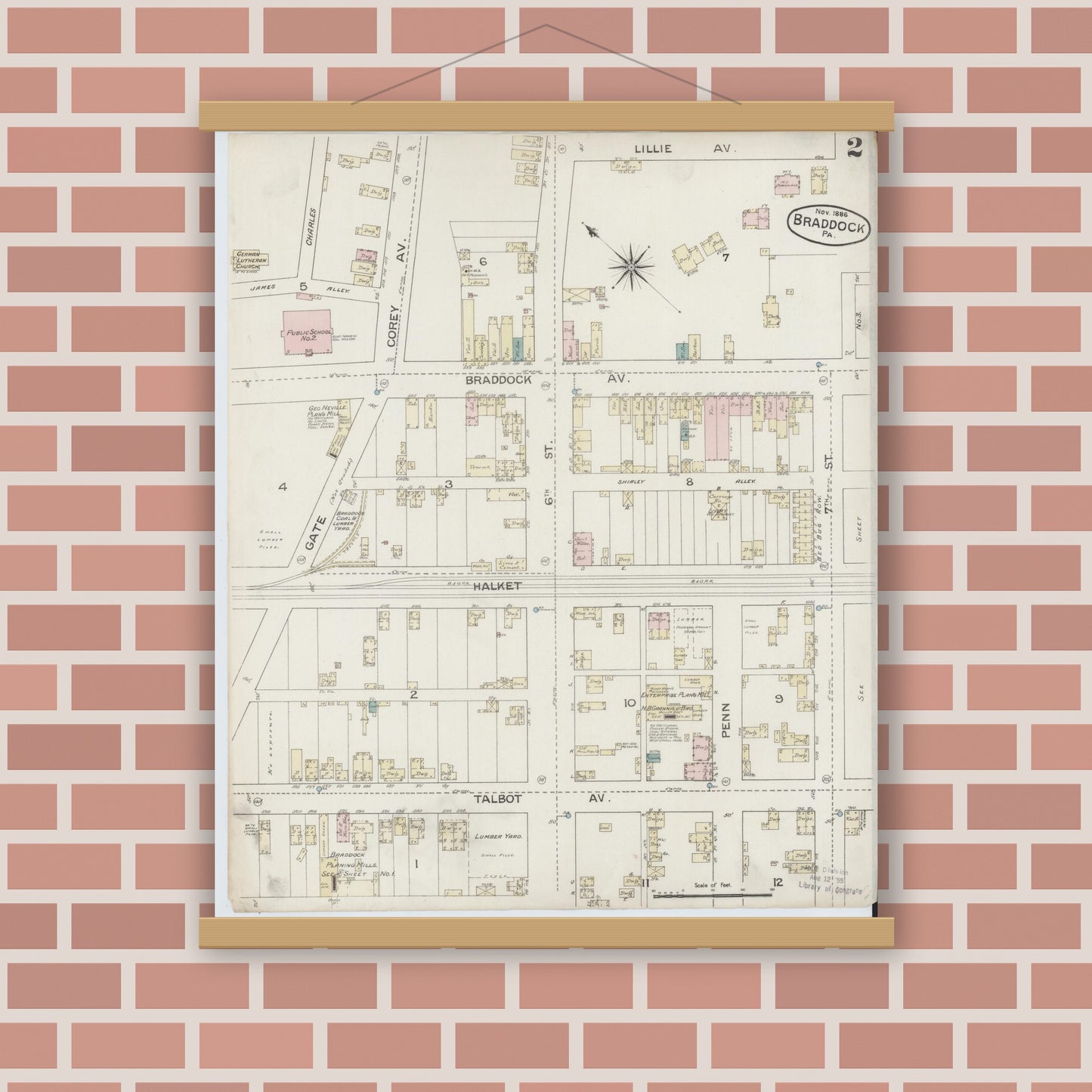 Old map wall art mockup — magnetic wood frame on brick wall — Sanborn Fire Insurance Map from Braddock, Allegheny County, Pennsylvania (1886), Sheet #0002