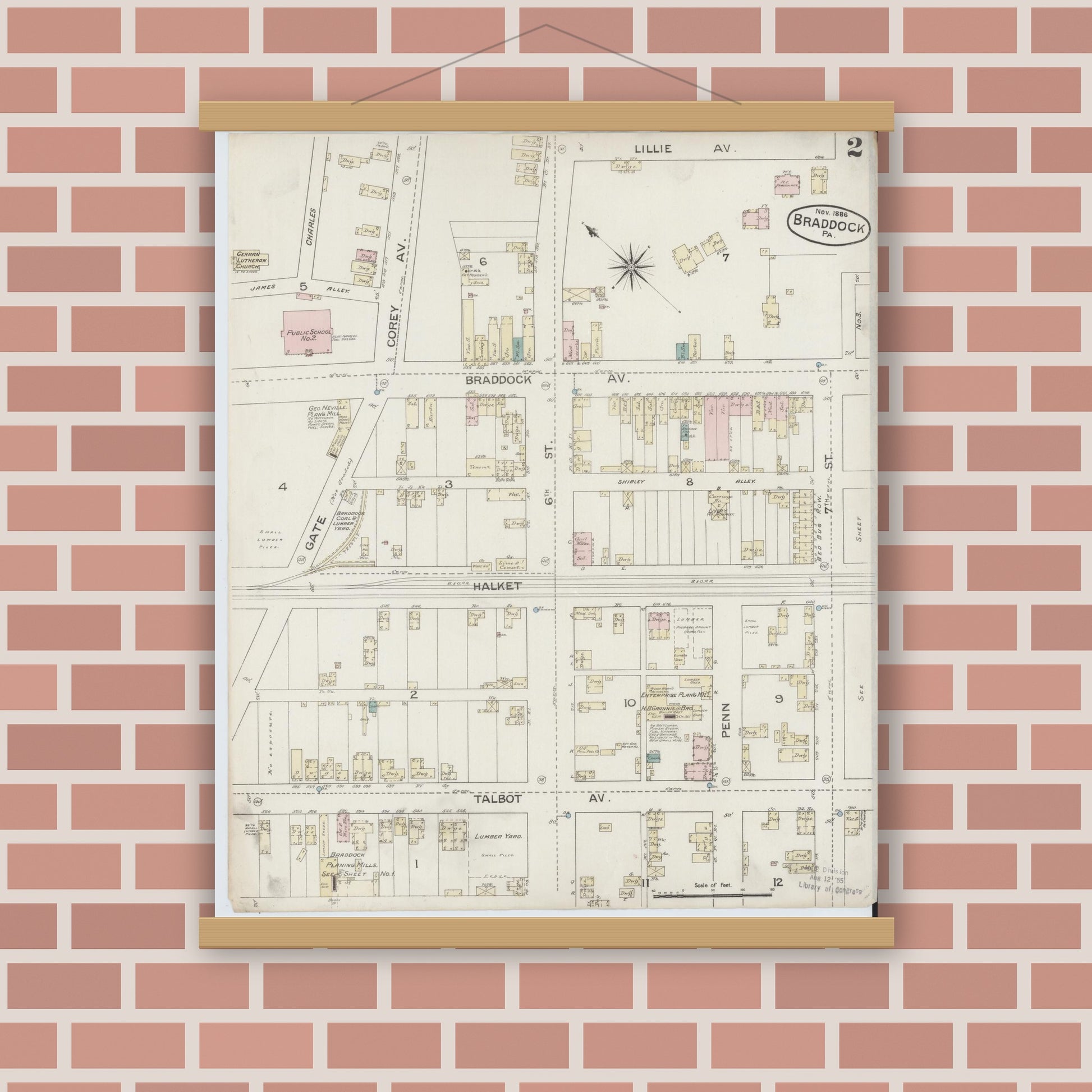 Old map wall art mockup — magnetic wood frame on brick wall — Sanborn Fire Insurance Map from Braddock, Allegheny County, Pennsylvania (1886), Sheet #0002