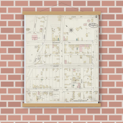 Old map wall art mockup — magnetic wood frame on brick wall — Sanborn Fire Insurance Map from Braddock, Allegheny County, Pennsylvania (1886), Sheet #0002