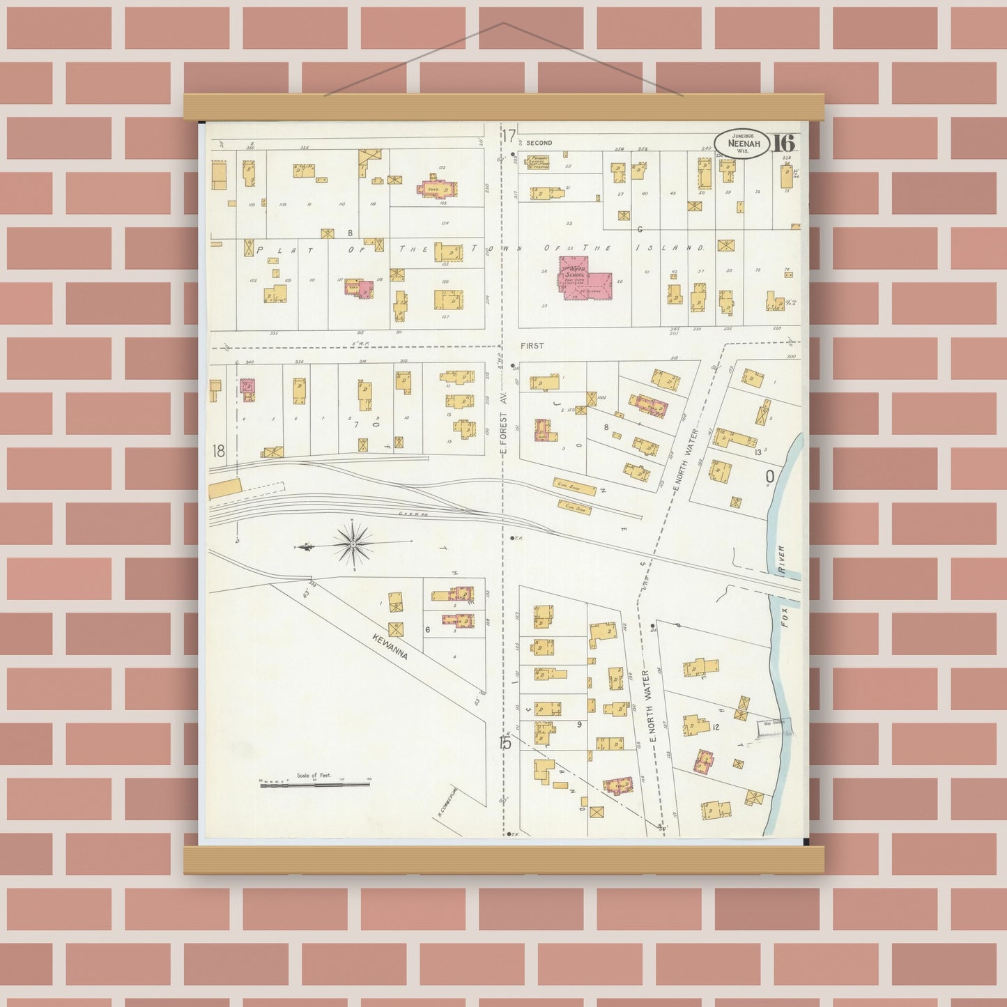 Old map wall art mockup — magnetic wood frame on brick wall — Sanborn Fire Insurance Map from Neenah, Winnebago County, Wisconsin (1906), Sheet #0016
