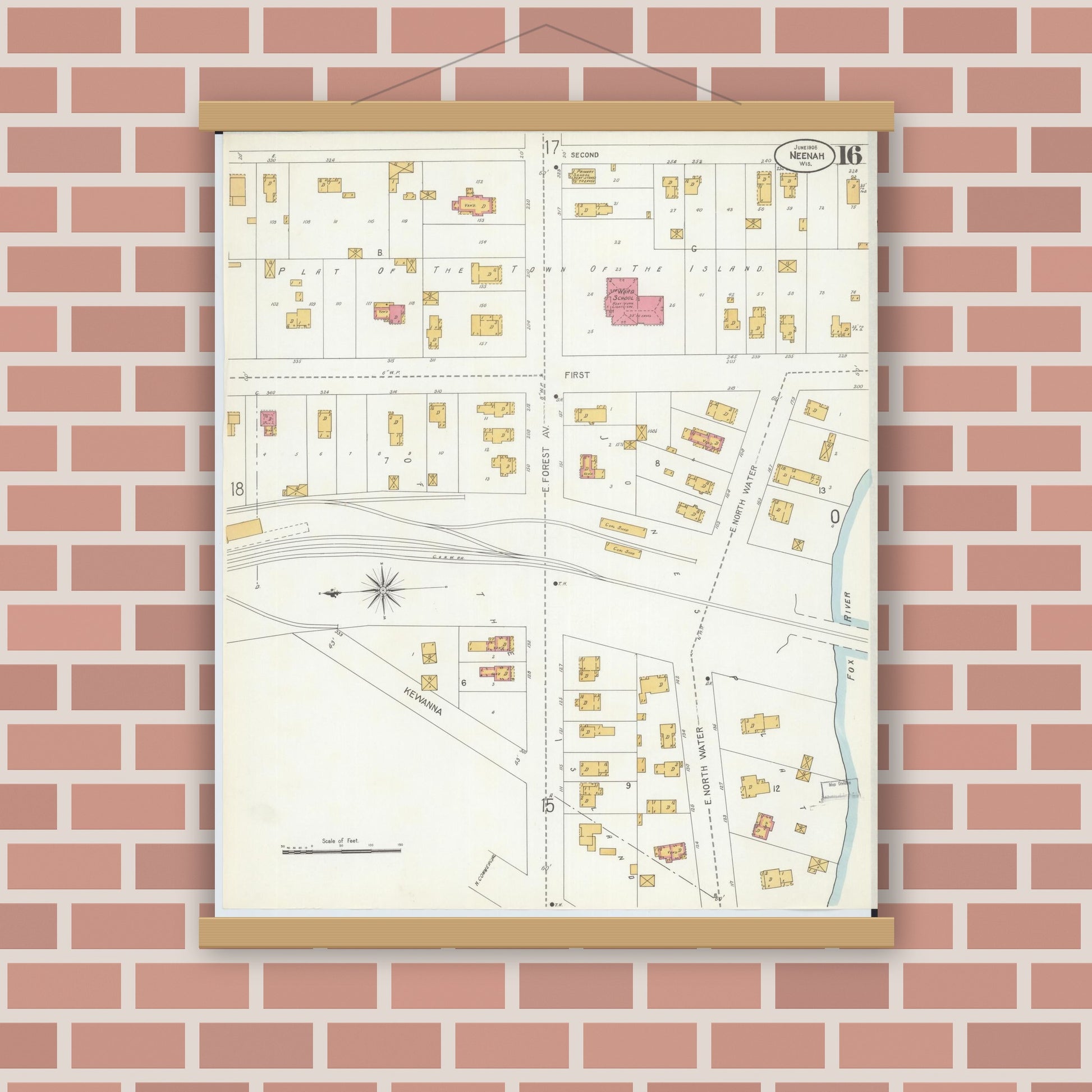 Old map wall art mockup — magnetic wood frame on brick wall — Sanborn Fire Insurance Map from Neenah, Winnebago County, Wisconsin (1906), Sheet #0016