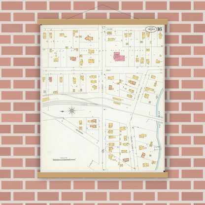 Old map wall art mockup — magnetic wood frame on brick wall — Sanborn Fire Insurance Map from Neenah, Winnebago County, Wisconsin (1906), Sheet #0016