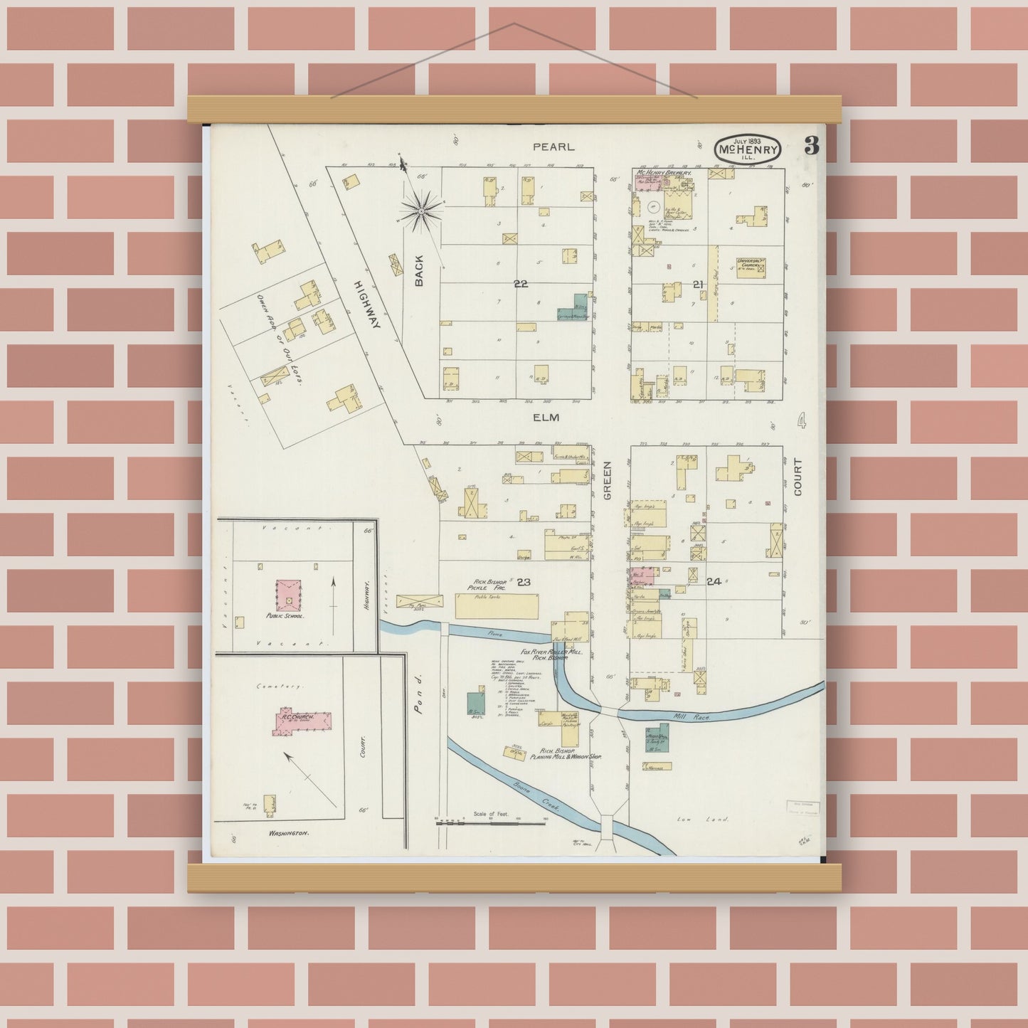 Old map wall art mockup — magnetic wood frame on brick wall — Sanborn Fire Insurance Map from McHenry, McHenry County, Illinois (1893), Sheet #0003