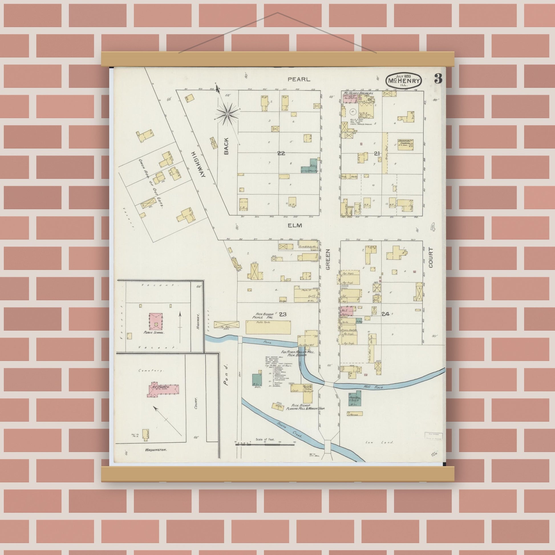 Old map wall art mockup — magnetic wood frame on brick wall — Sanborn Fire Insurance Map from McHenry, McHenry County, Illinois (1893), Sheet #0003