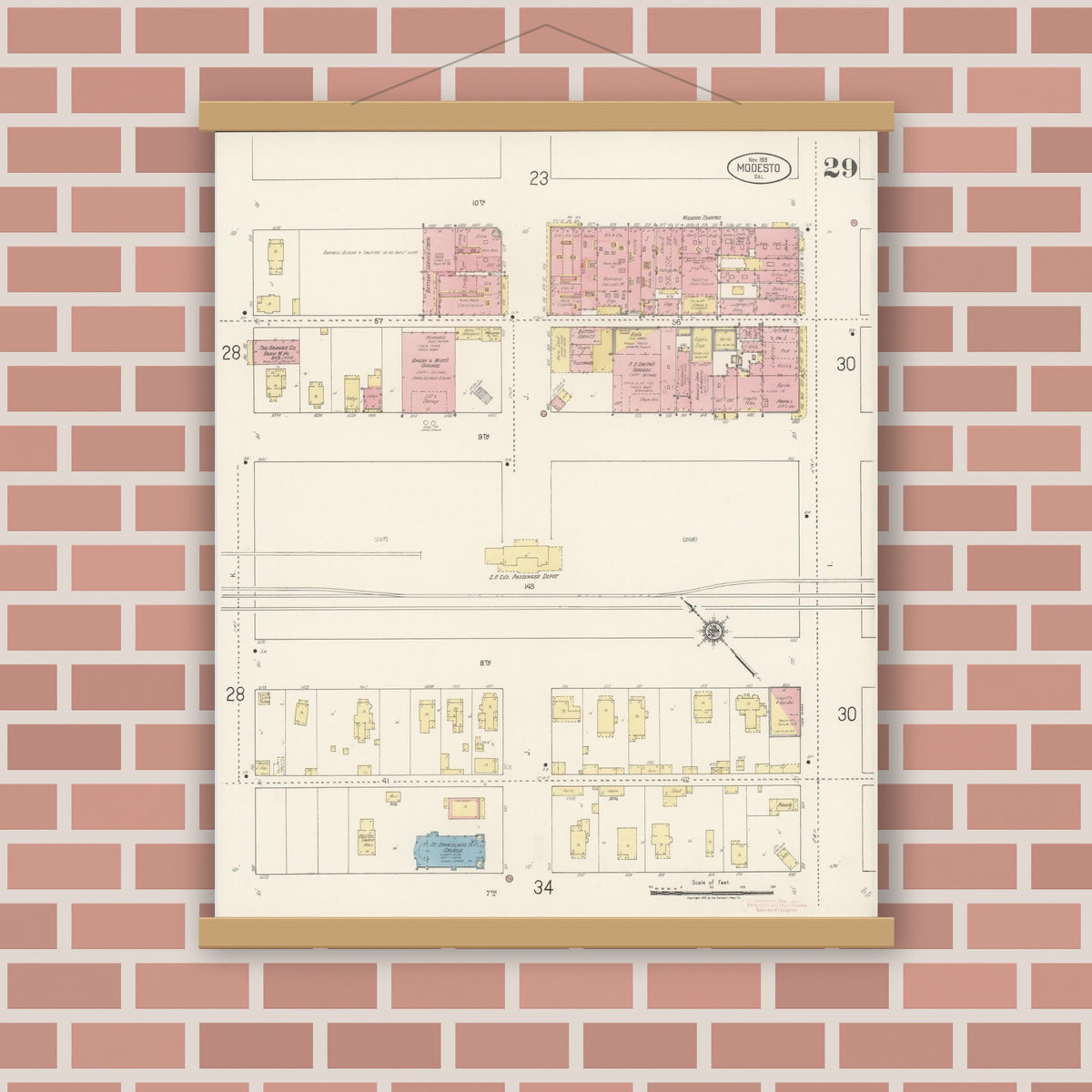 Old map wall art mockup — magnetic wood frame on brick wall — Sanborn Fire Insurance Map from Modesto, Stanislaus County, California (1919), Sheet #0029